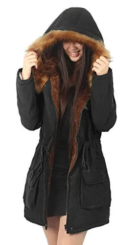 4How Parka Jacket Women's Warm Hooded Fur Trim Coat Casual Long Jackets Army Green US Size 6