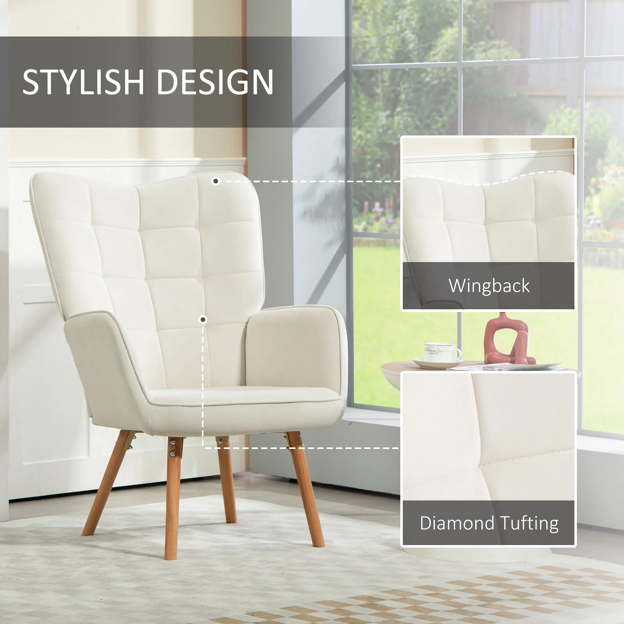 Accent Chair Velvet-Touch Tufted Wingback Armchair, Cream White