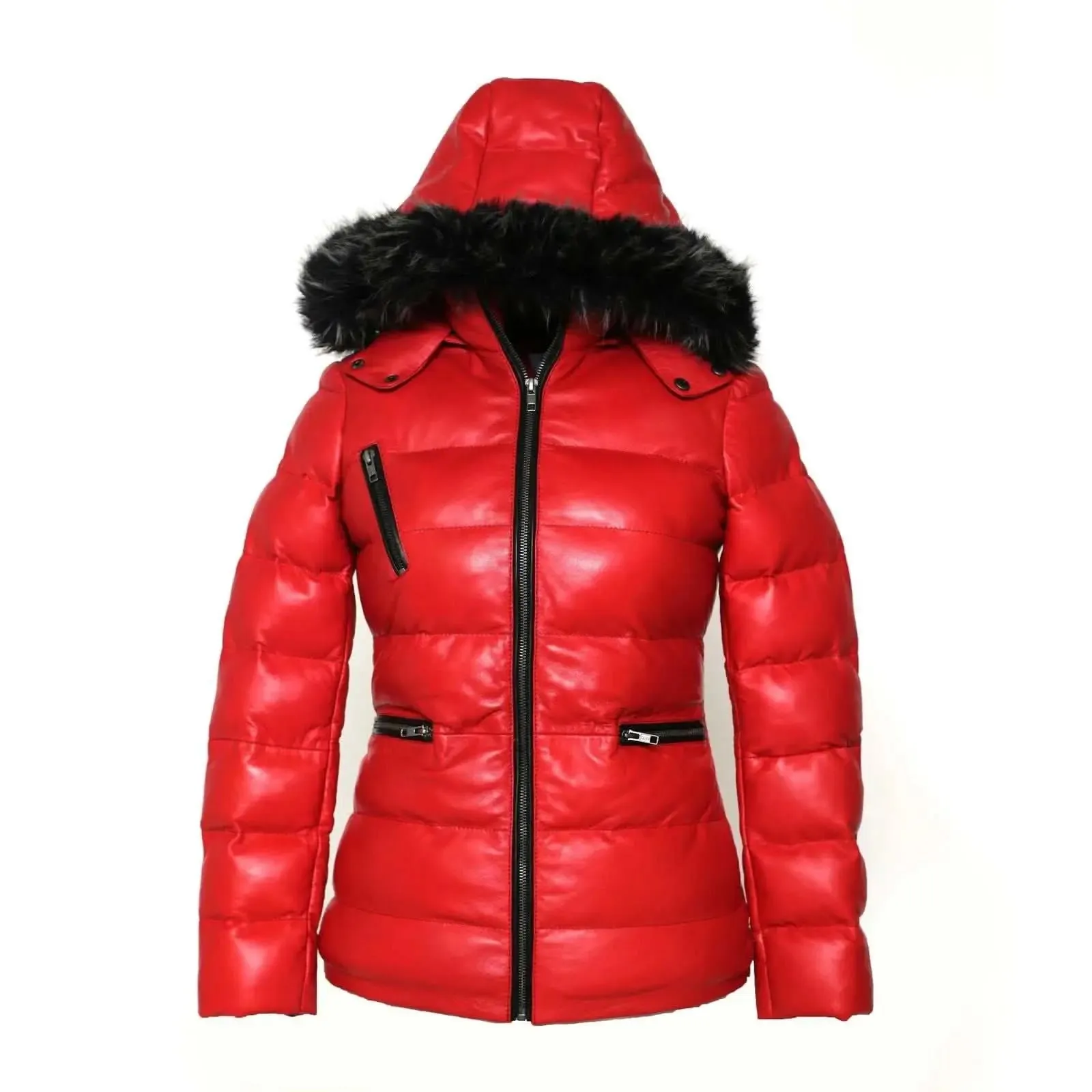 Arctic Red Premium Leather Puffer Coat with Removable Fur Hood for Women