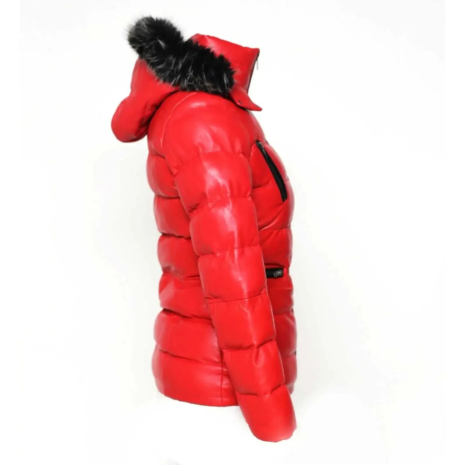 Arctic Red Premium Leather Puffer Coat with Removable Fur Hood for Women