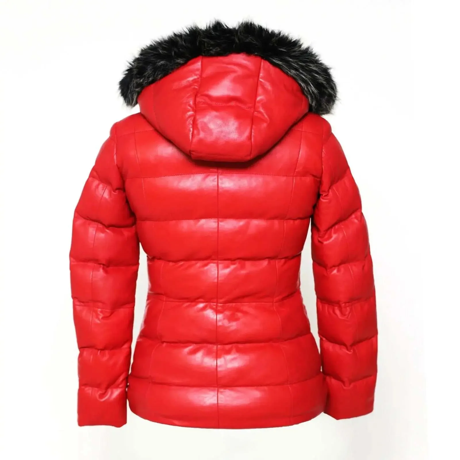 Arctic Red Premium Leather Puffer Coat with Removable Fur Hood for Women