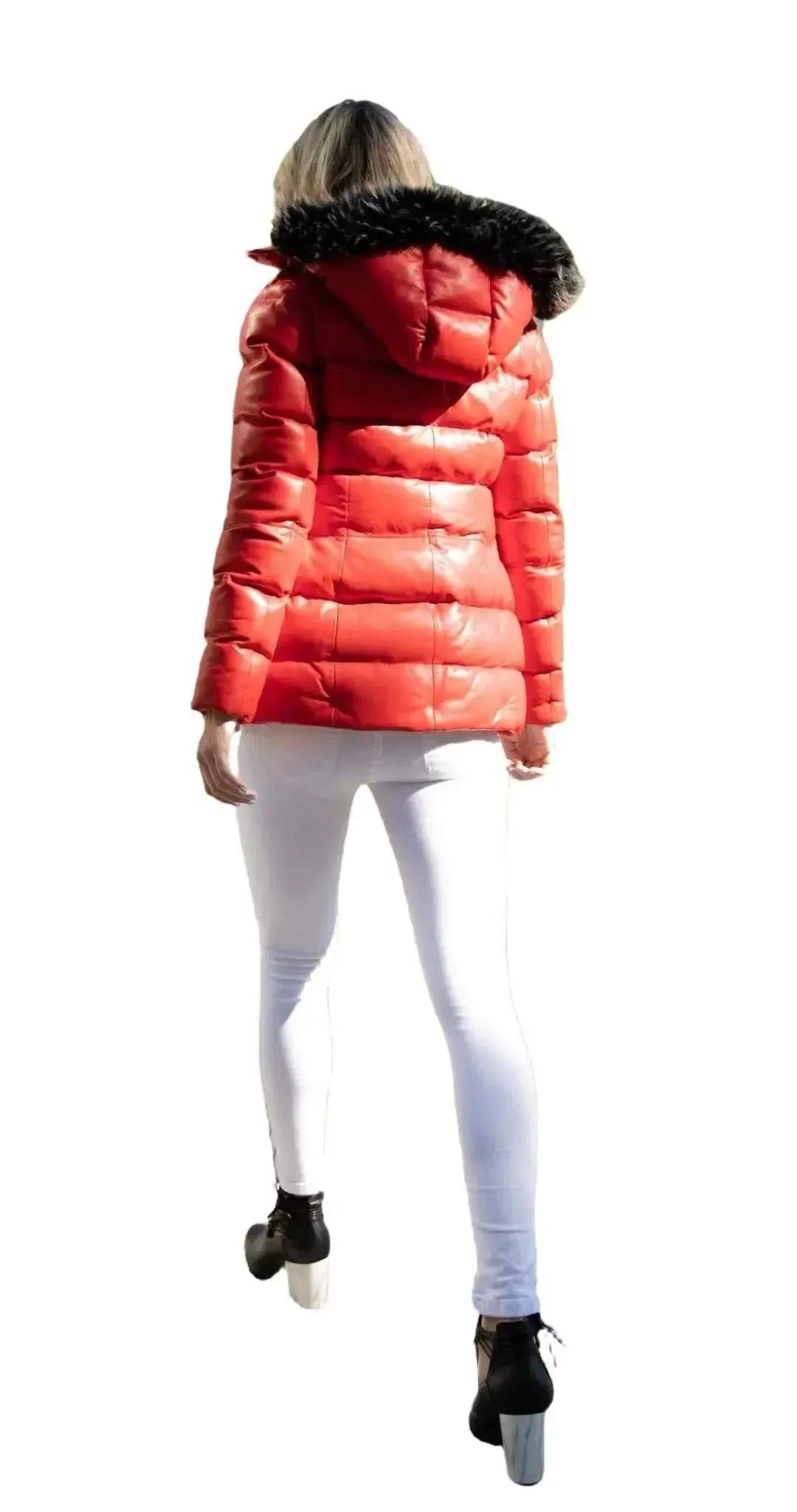 Arctic Red Premium Leather Puffer Coat with Removable Fur Hood for Women