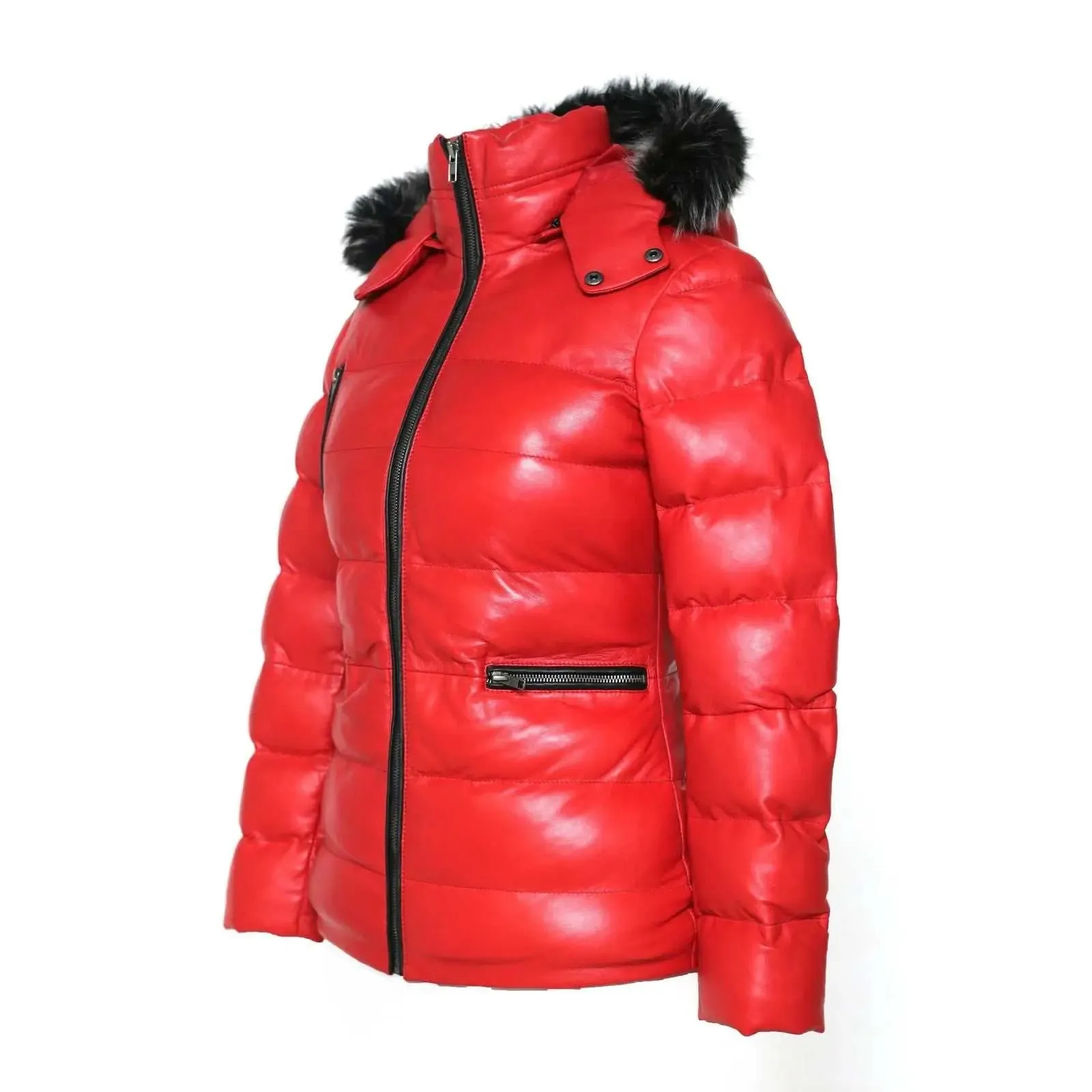 Arctic Red Premium Leather Puffer Coat with Removable Fur Hood for Women