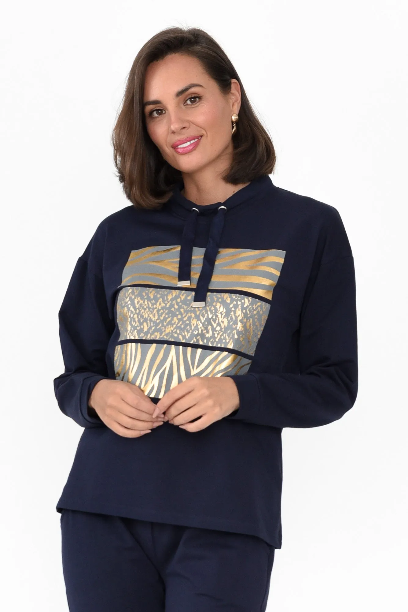 Arzu Navy Foil Animal Cotton Blend Jumper