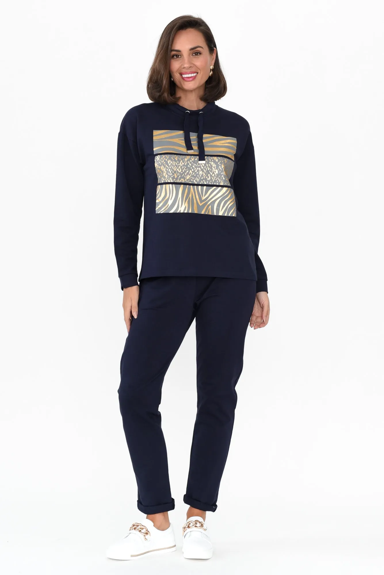 Arzu Navy Foil Animal Cotton Blend Jumper