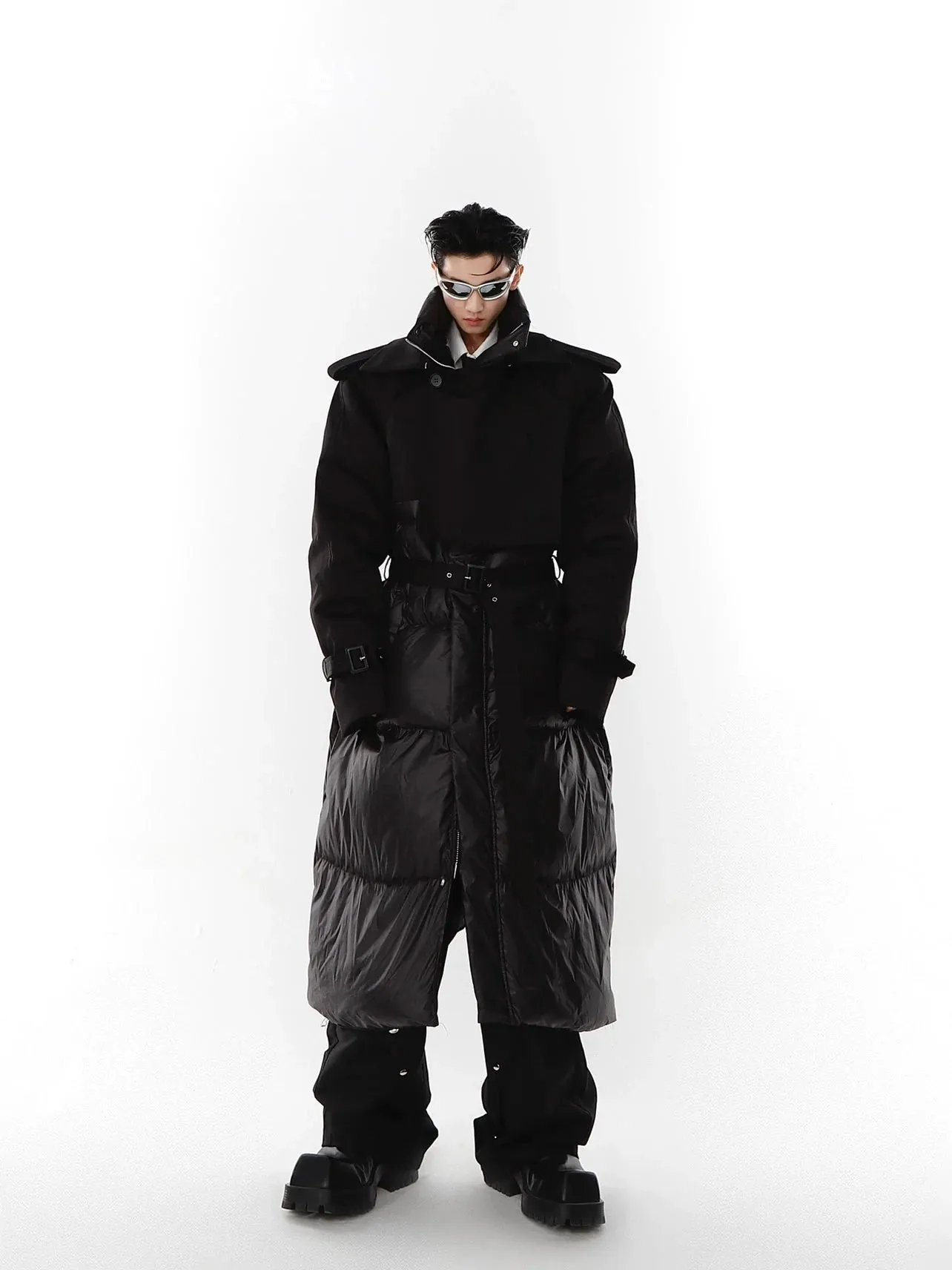 Avant-Garde Deconstructed Down Coat | Two-Piece Long Trench and Puffer Jacket