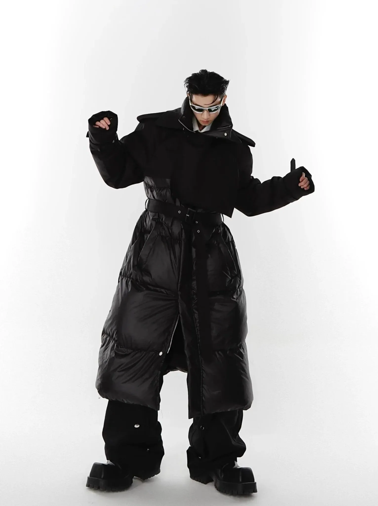 Avant-Garde Deconstructed Down Coat | Two-Piece Long Trench and Puffer Jacket