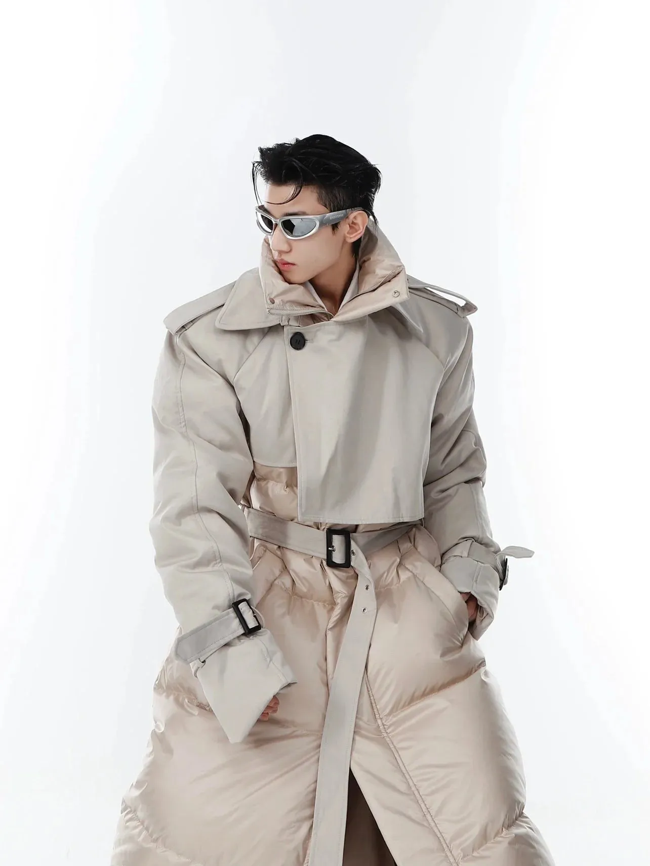 Avant-Garde Deconstructed Down Coat | Two-Piece Long Trench and Puffer Jacket