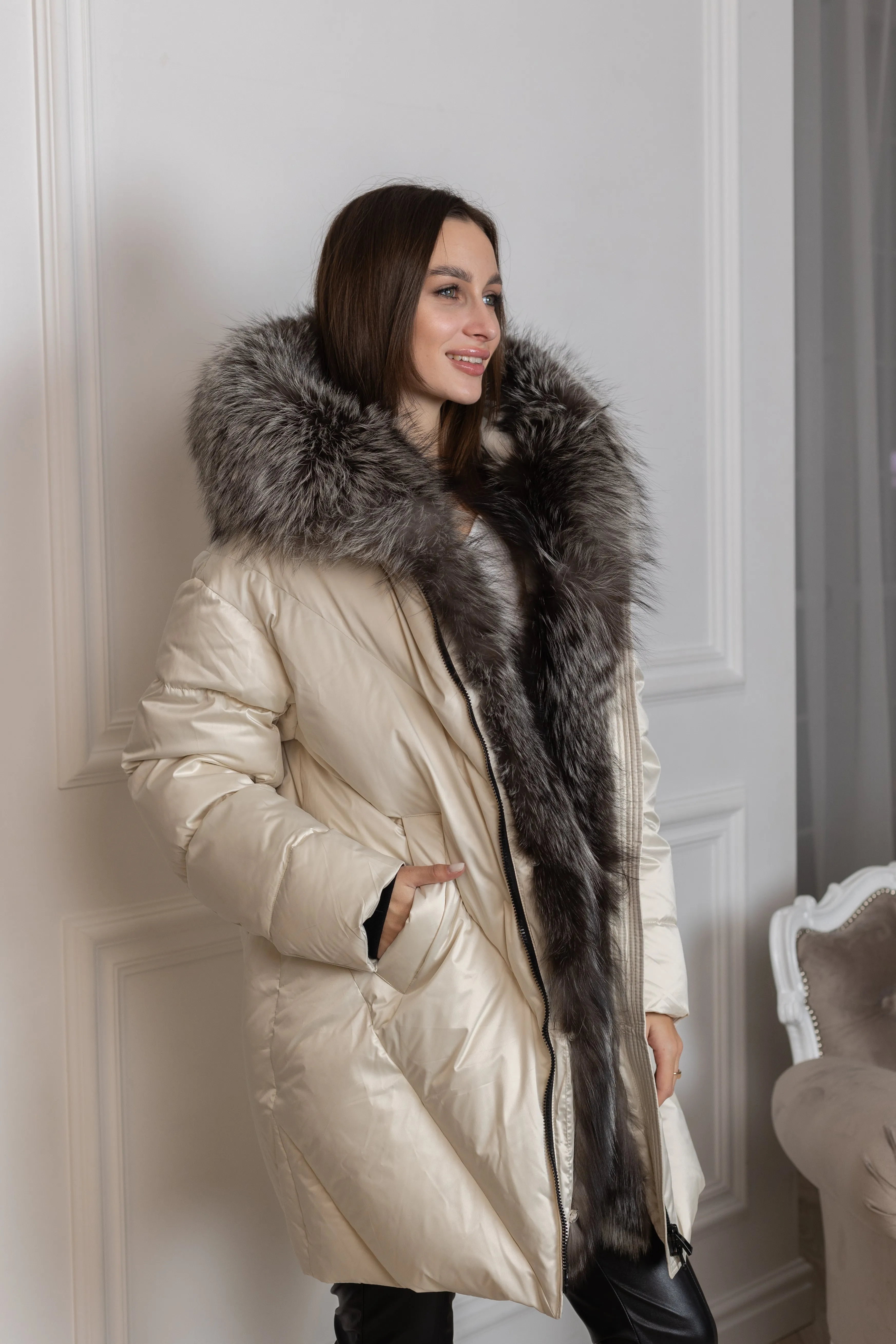 Azura Genuine Silver Fox Fur Down Fill Coat