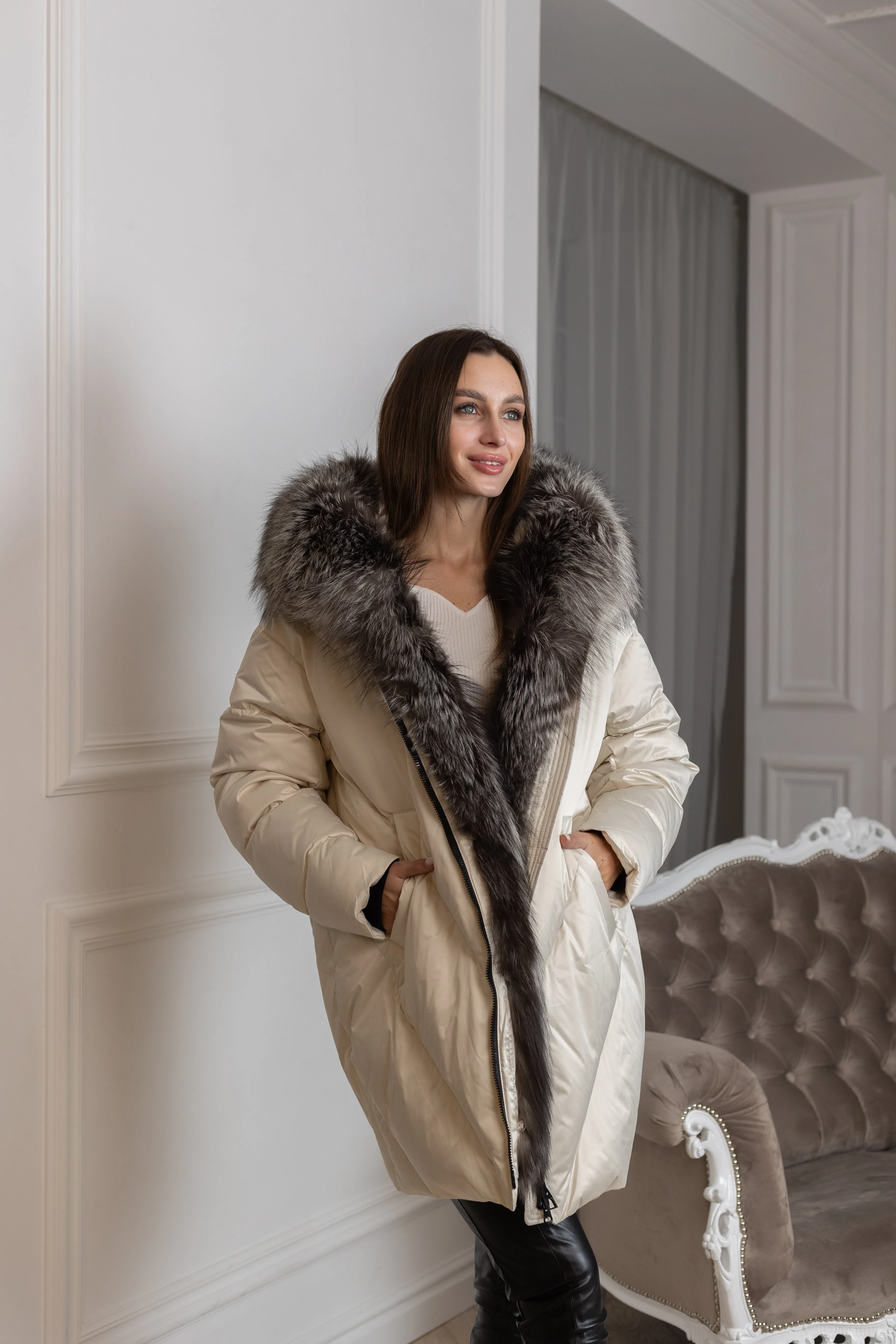 Azura Genuine Silver Fox Fur Down Fill Coat