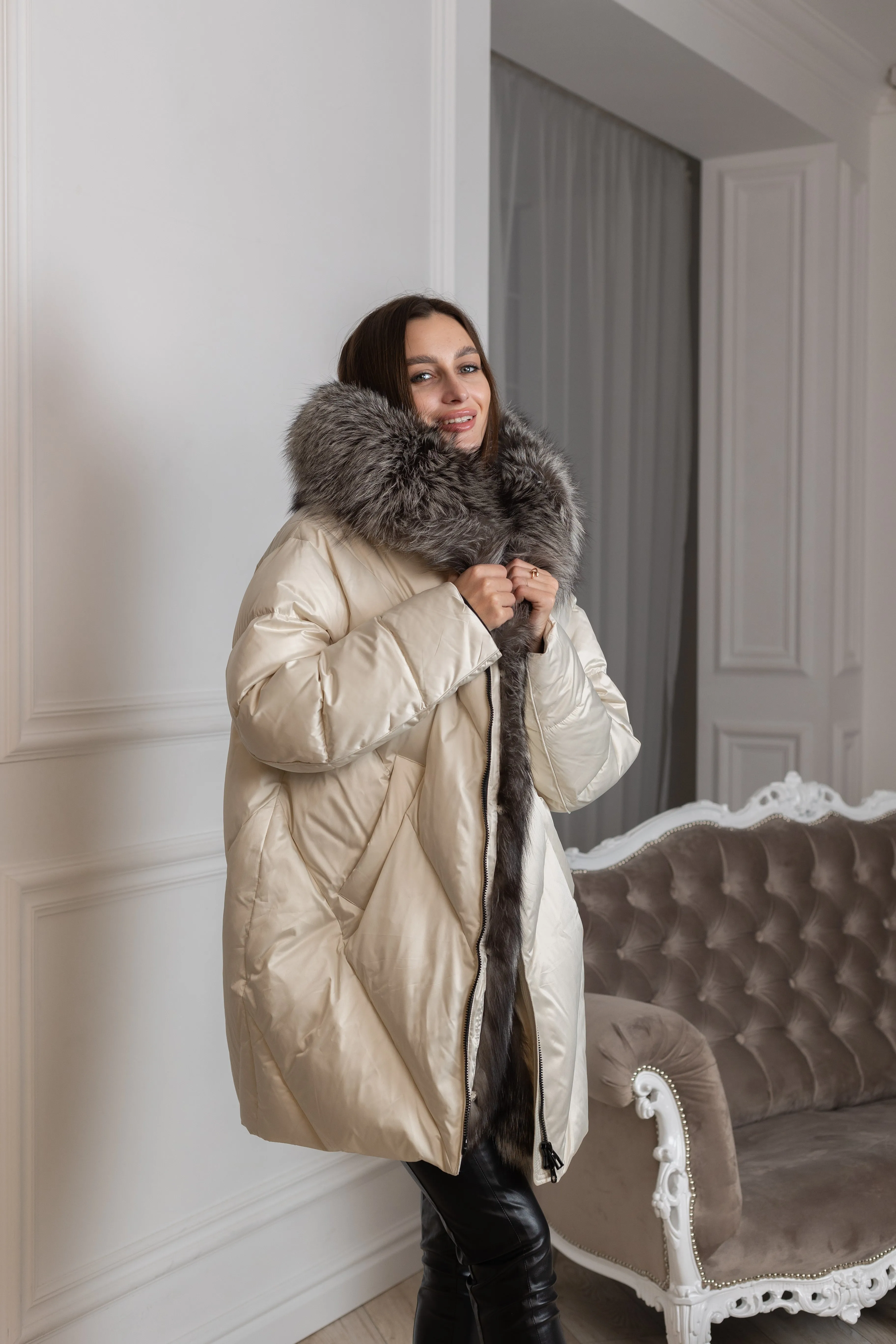 Azura Genuine Silver Fox Fur Down Fill Coat