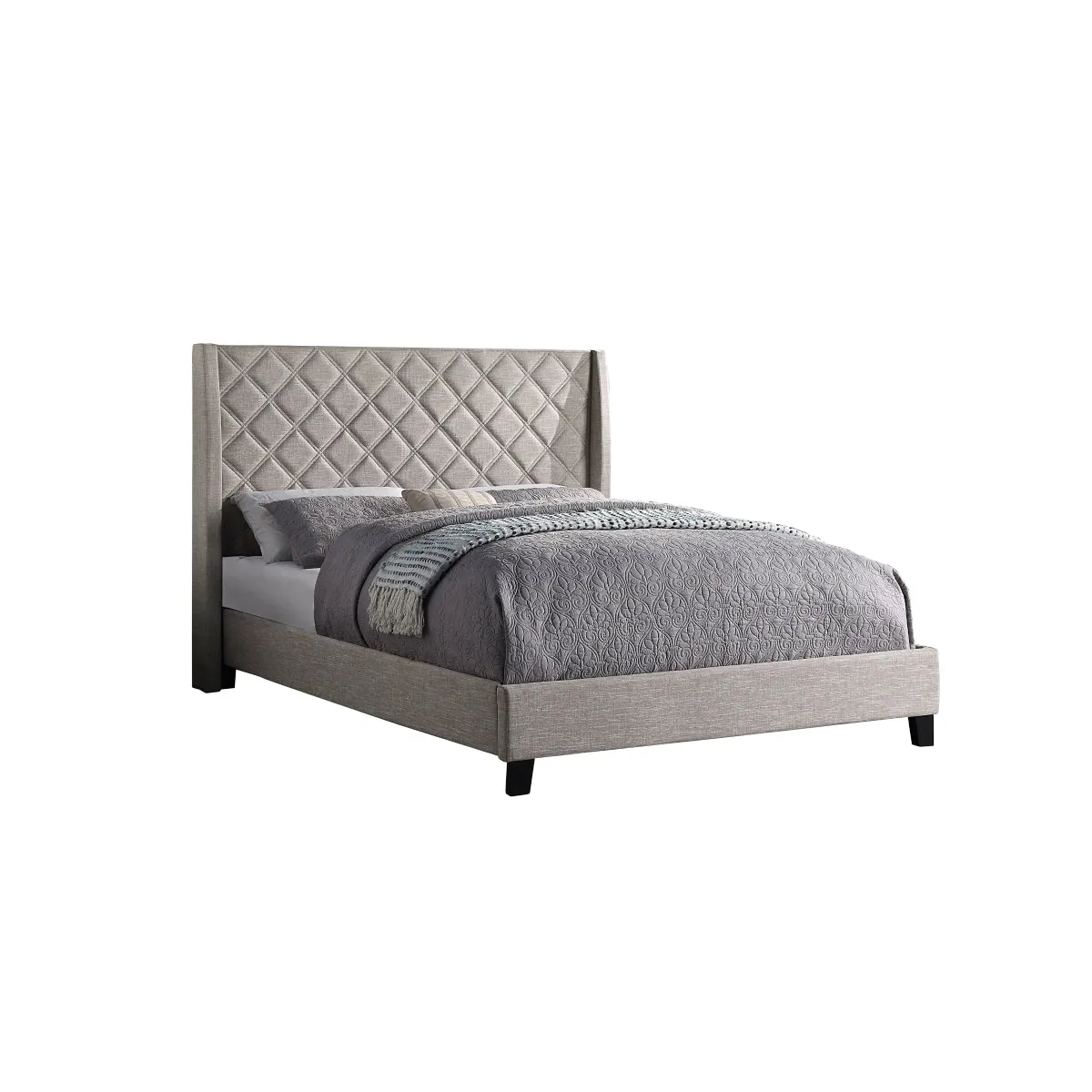 Beige Diamond-Quilted King Upholstered Platform Bed