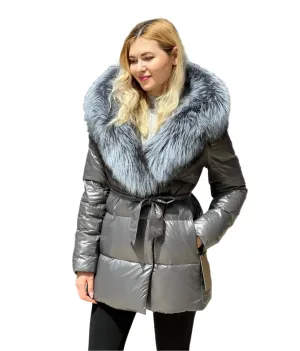 Belted Genuine Silver Fox Premium Down Fill Jacket