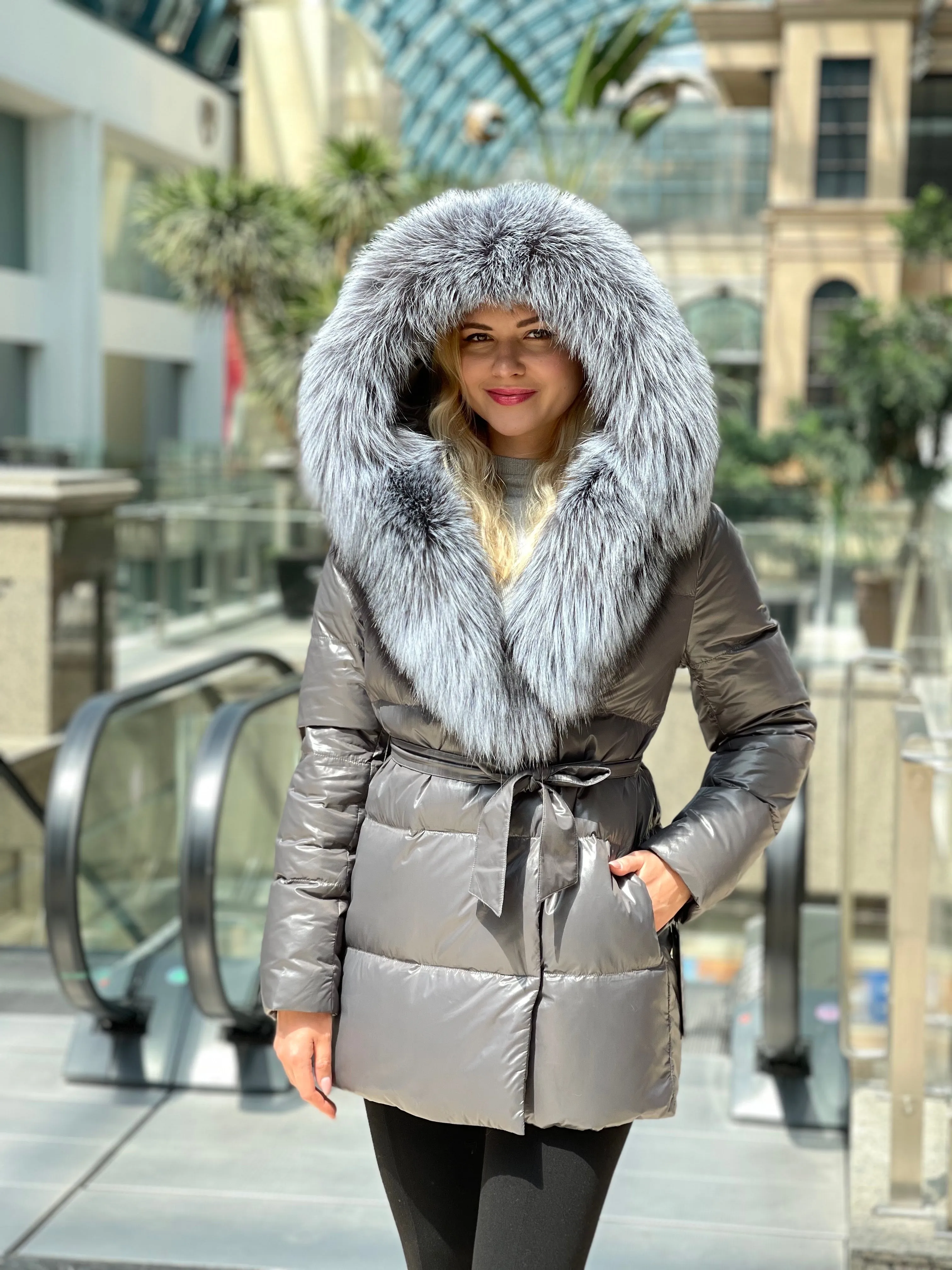 Belted Genuine Silver Fox Premium Down Fill Jacket