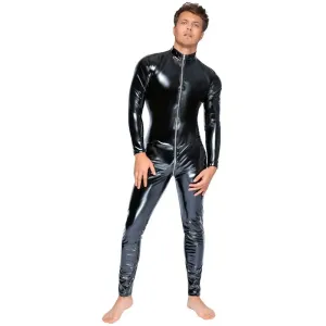 Black Level Wet Look Stretchy Vinyl Jumpsuit with Zip