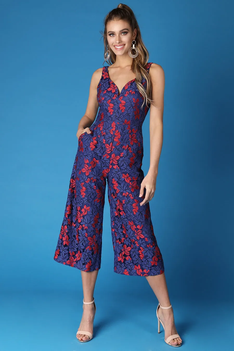 Blue Sleeveless Two Tone Lace Cropped Jumpsuit