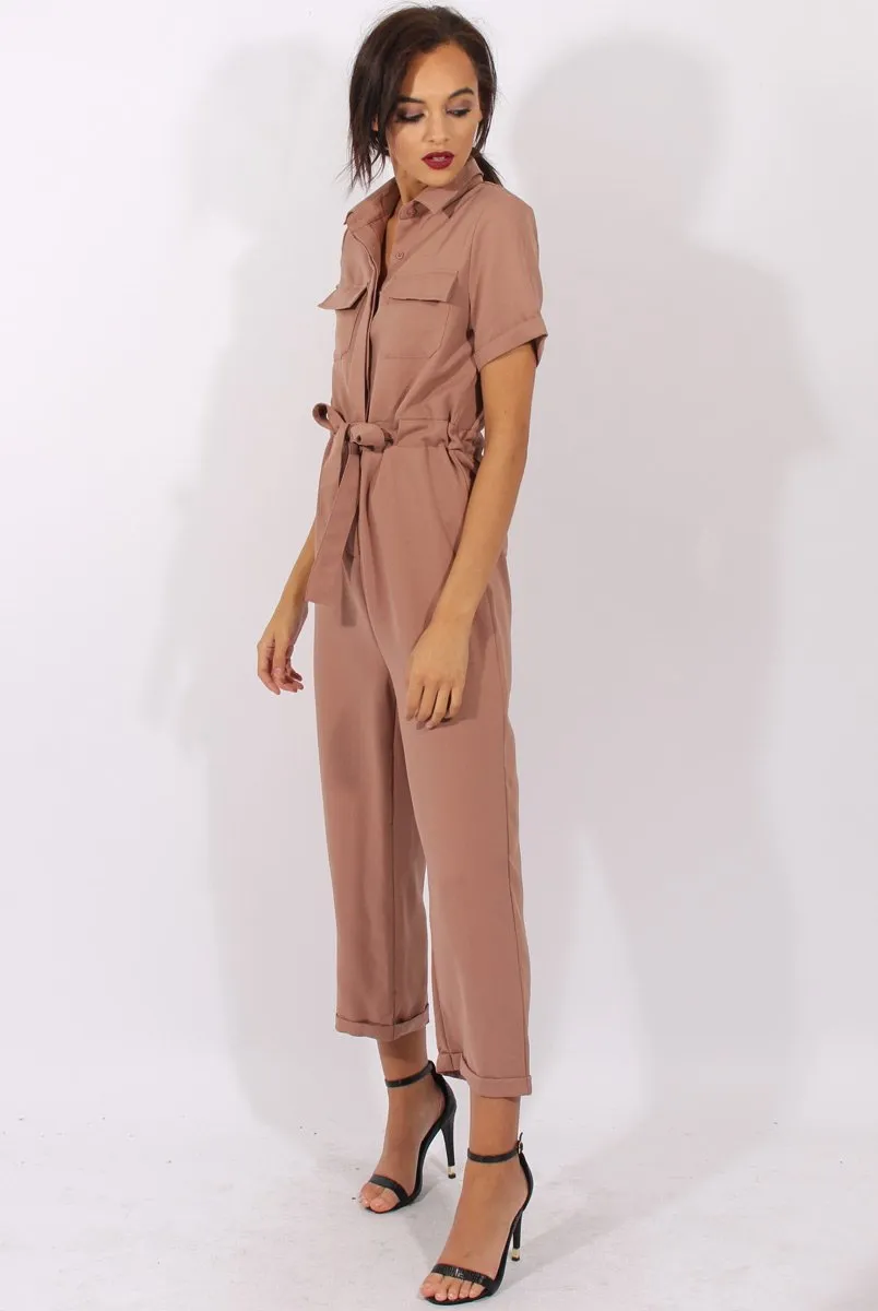 Brown Utility Tie Waist Pocket Jumpsuit - Kai