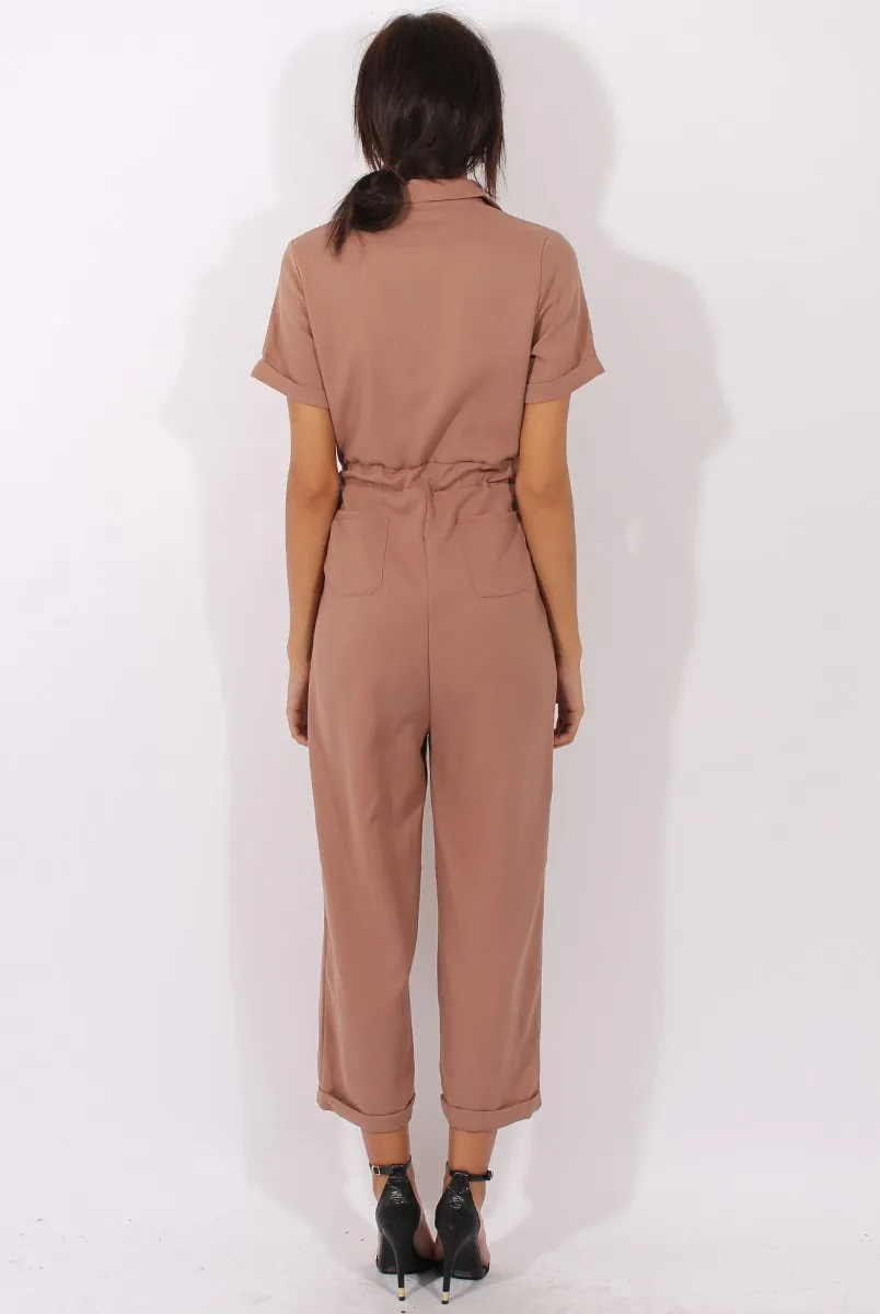 Brown Utility Tie Waist Pocket Jumpsuit - Kai