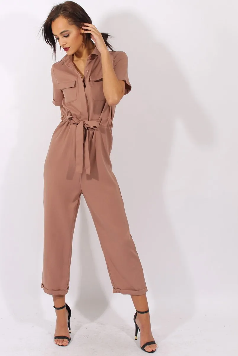 Brown Utility Tie Waist Pocket Jumpsuit - Kai