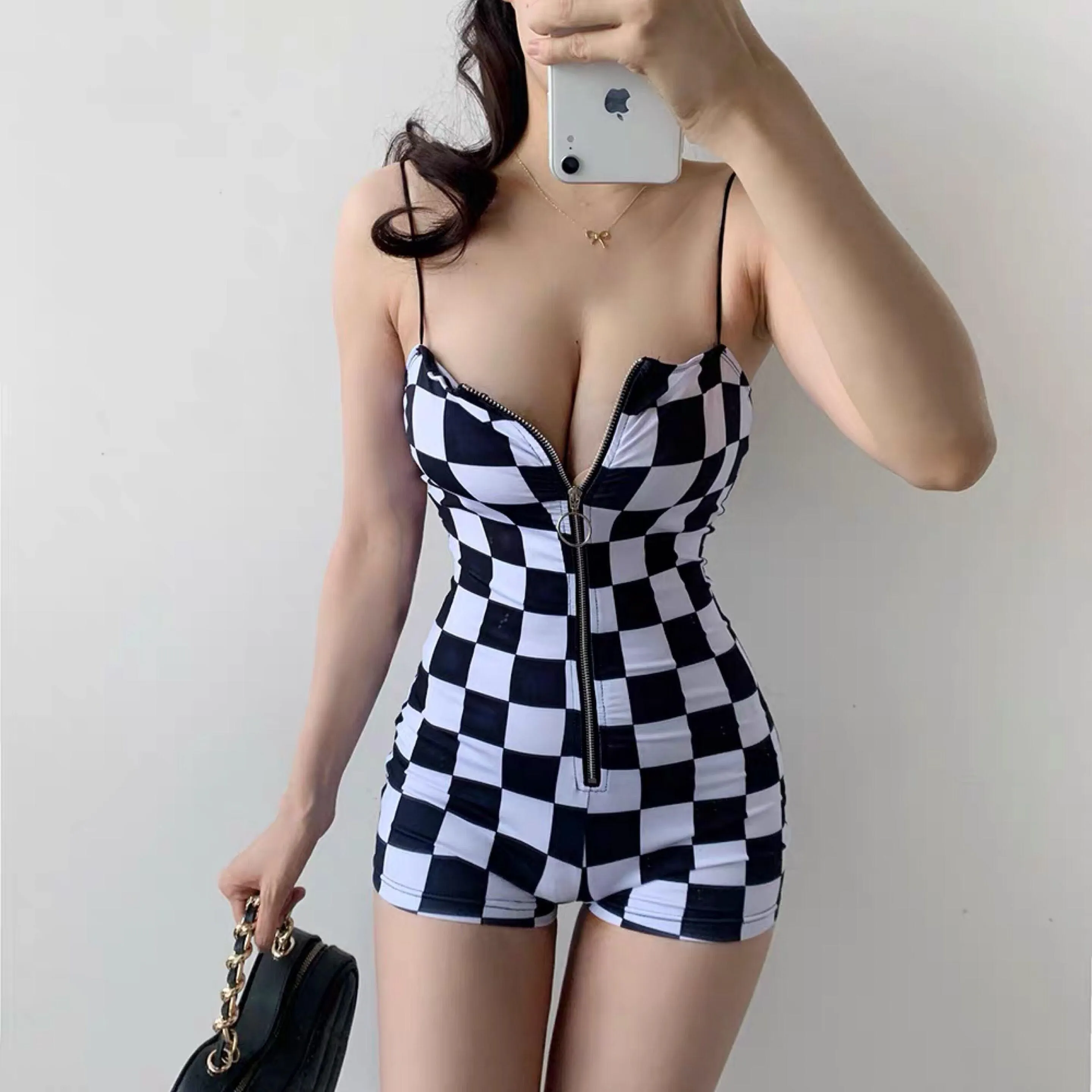 Checks Mini Romper | Checkered Mini Jumpsuit With Buckle Belt