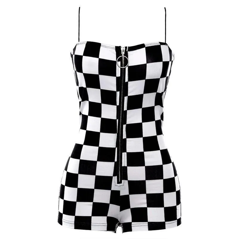 Checks Mini Romper | Checkered Mini Jumpsuit With Buckle Belt