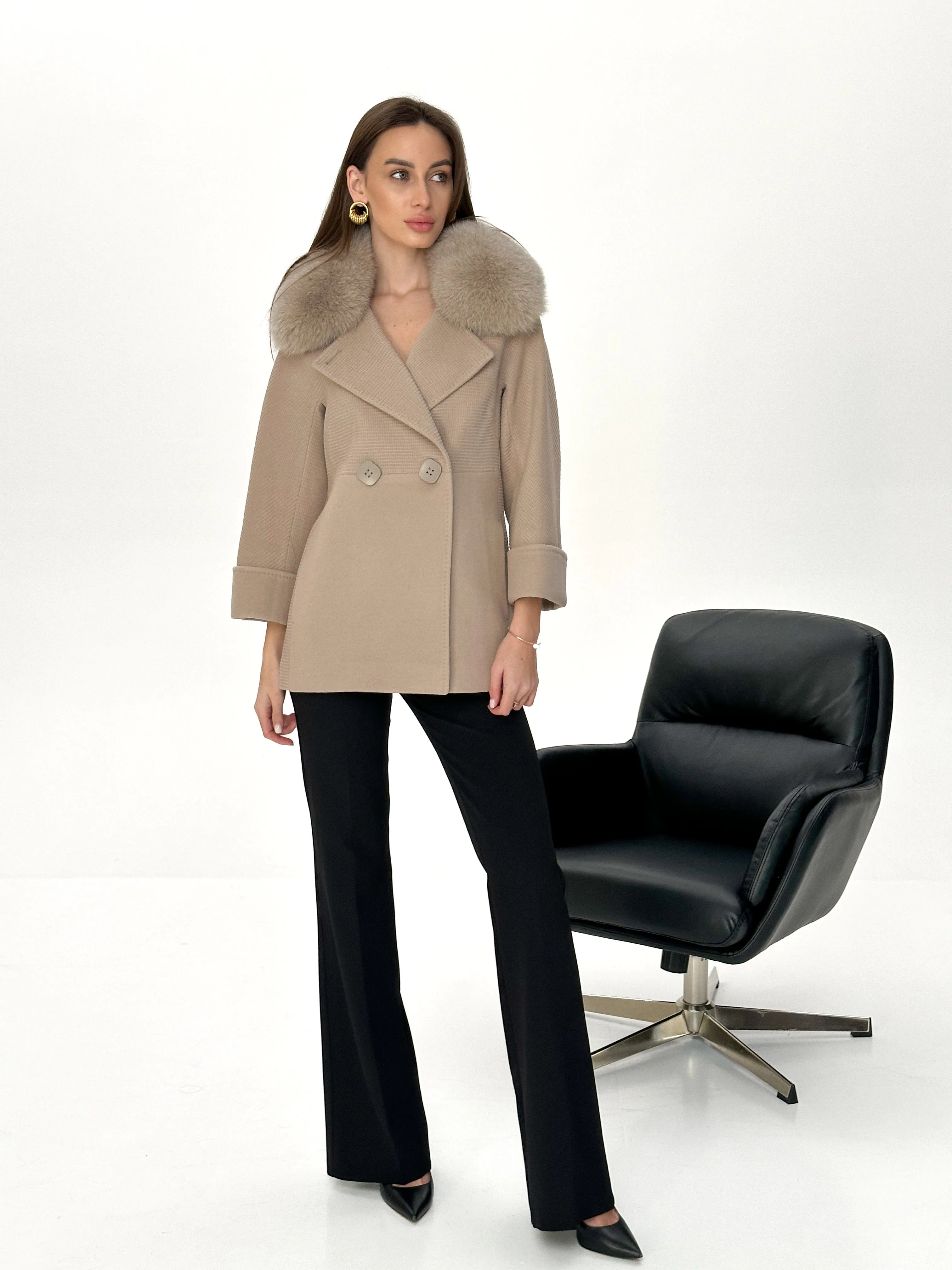 Chelsea Genuine Polar Fox Trim Cashmere Wool Coat