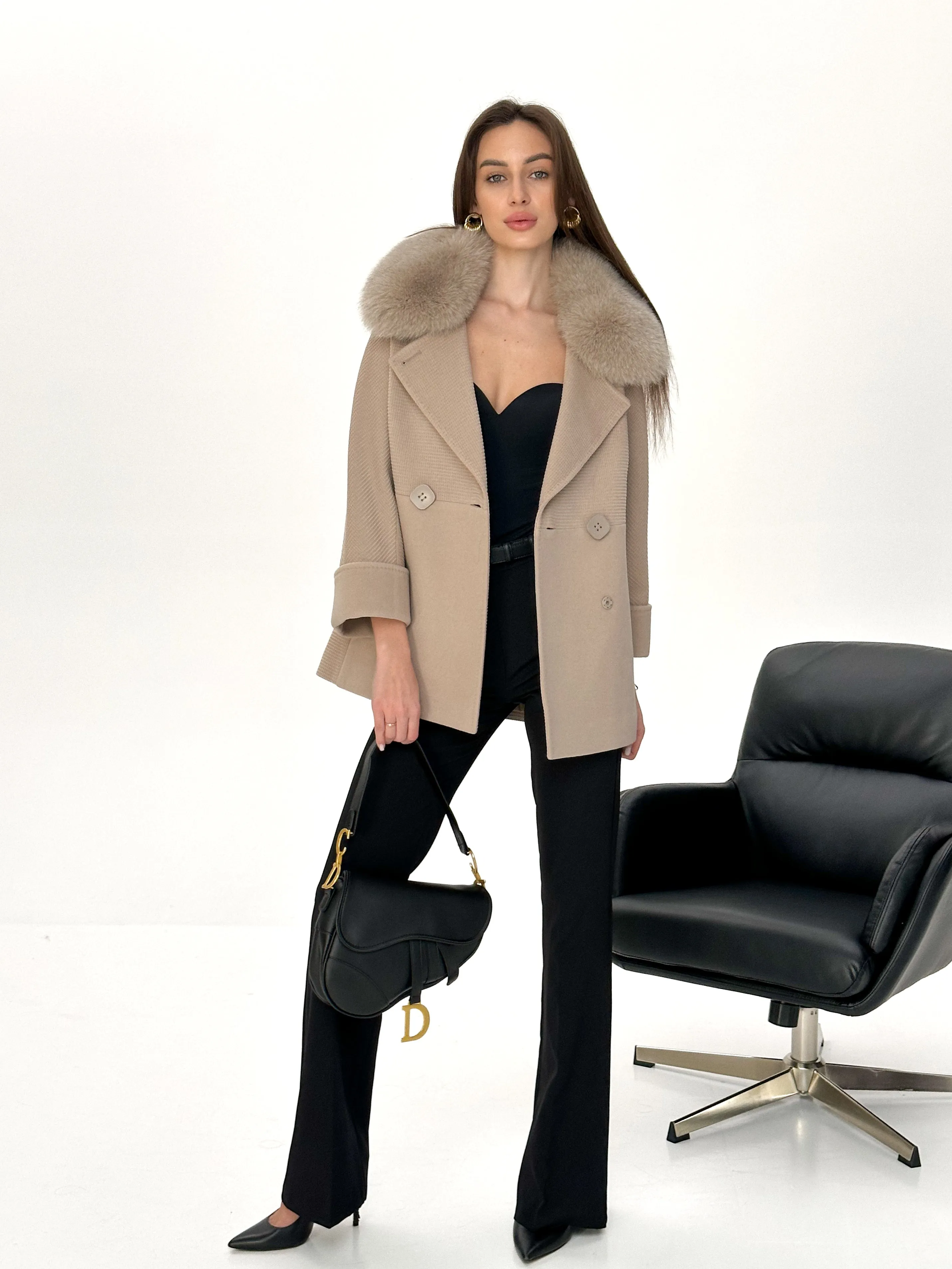 Chelsea Genuine Polar Fox Trim Cashmere Wool Coat