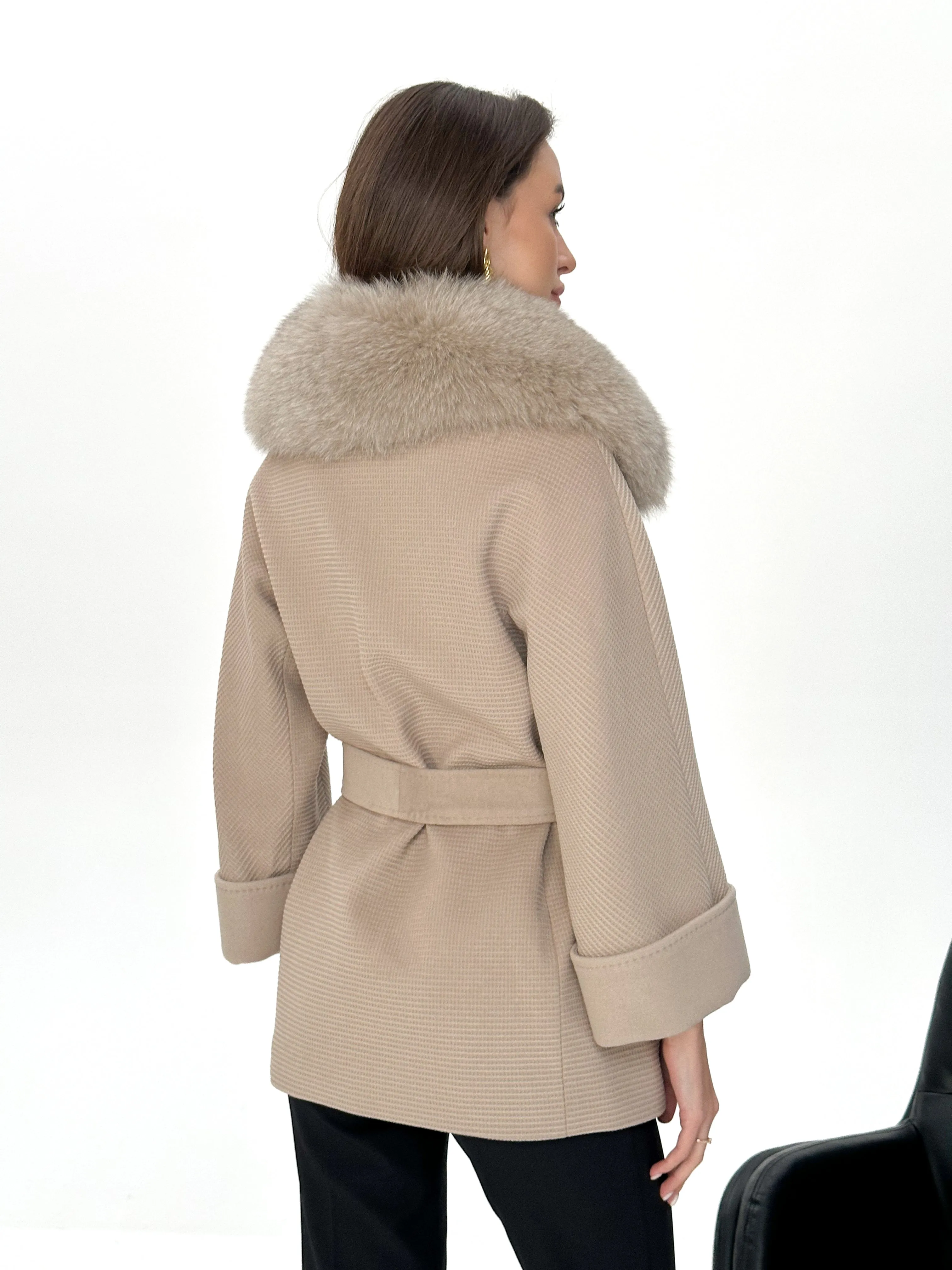 Chelsea Genuine Polar Fox Trim Cashmere Wool Coat