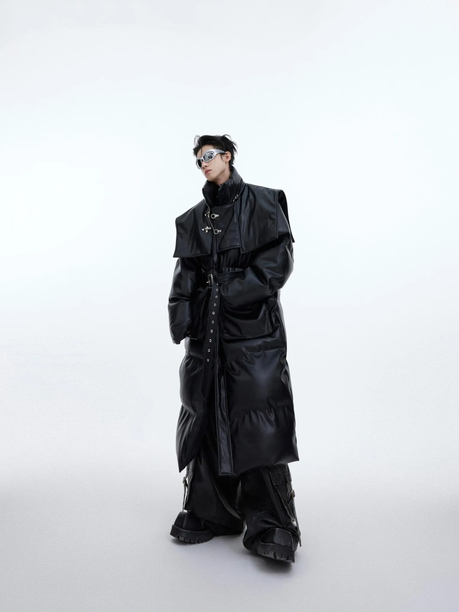 Deconstructed Longline Hooded Puffer | Designer Thick Leather Overcoat