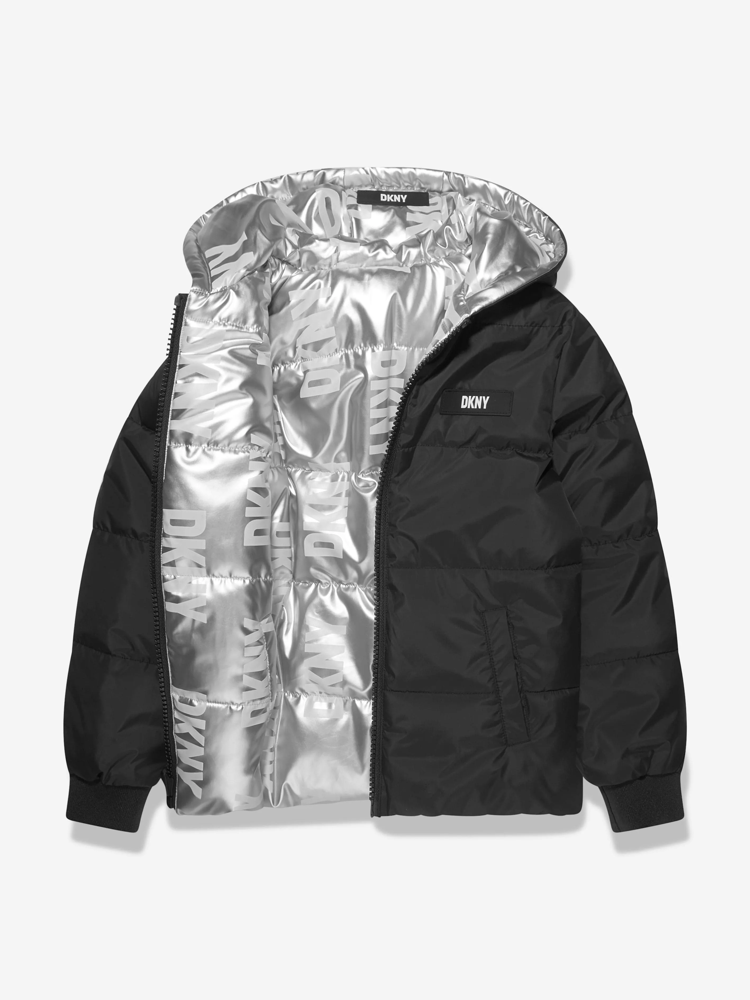 DKNY Girls Reversible Down Puffer Jacket in Silver