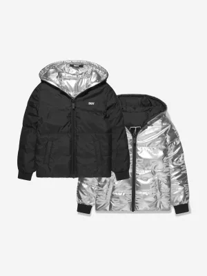 DKNY Girls Reversible Down Puffer Jacket in Silver