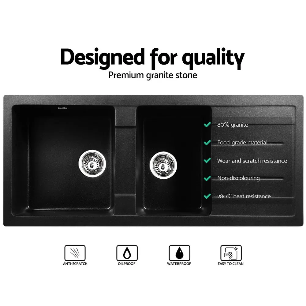 Durable Granite Double Bowl Kitchen Sink Black 1160x500mm Cefito