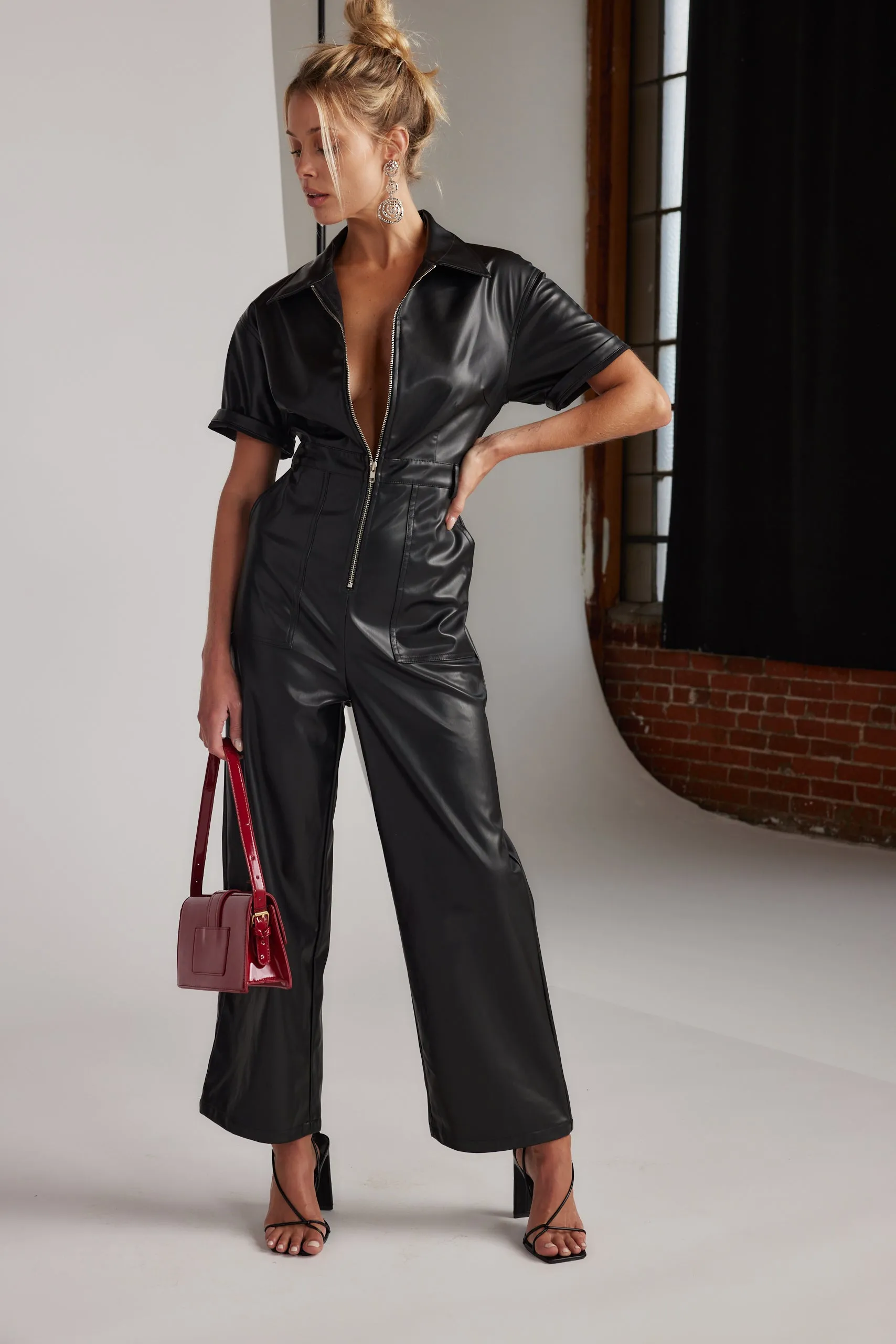 Erika Black Leather Jumpsuit