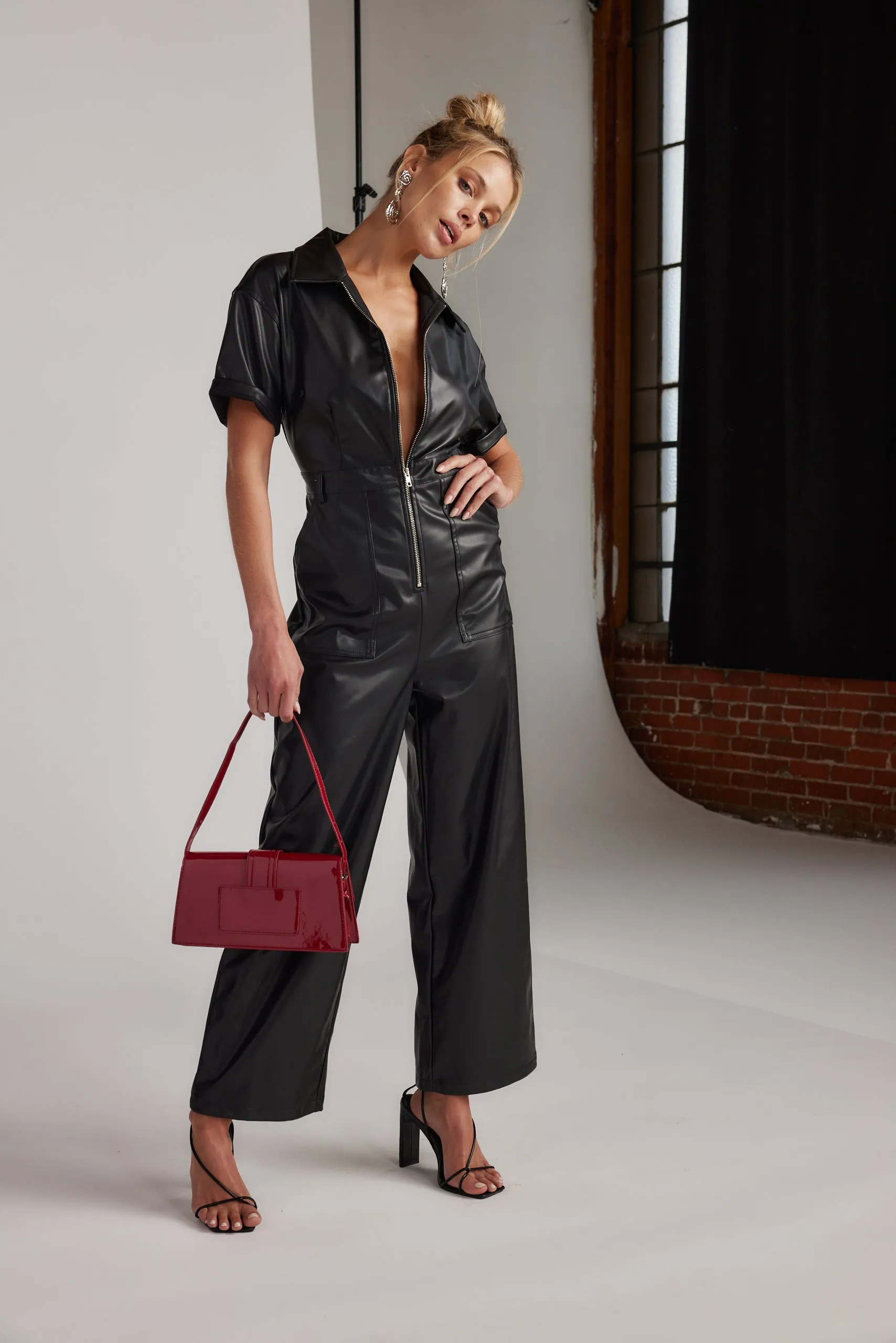 Erika Black Leather Jumpsuit