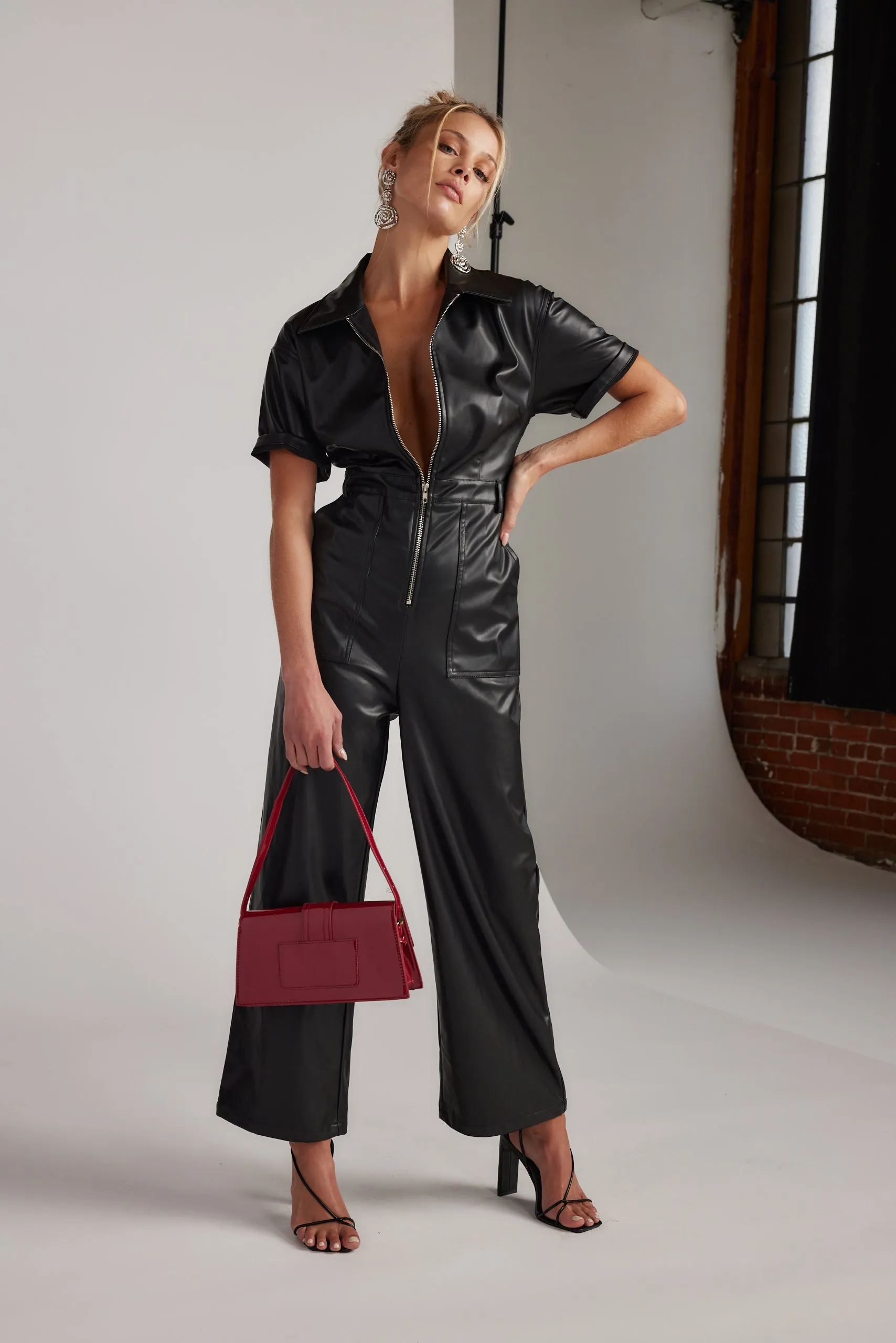 Erika Black Leather Jumpsuit