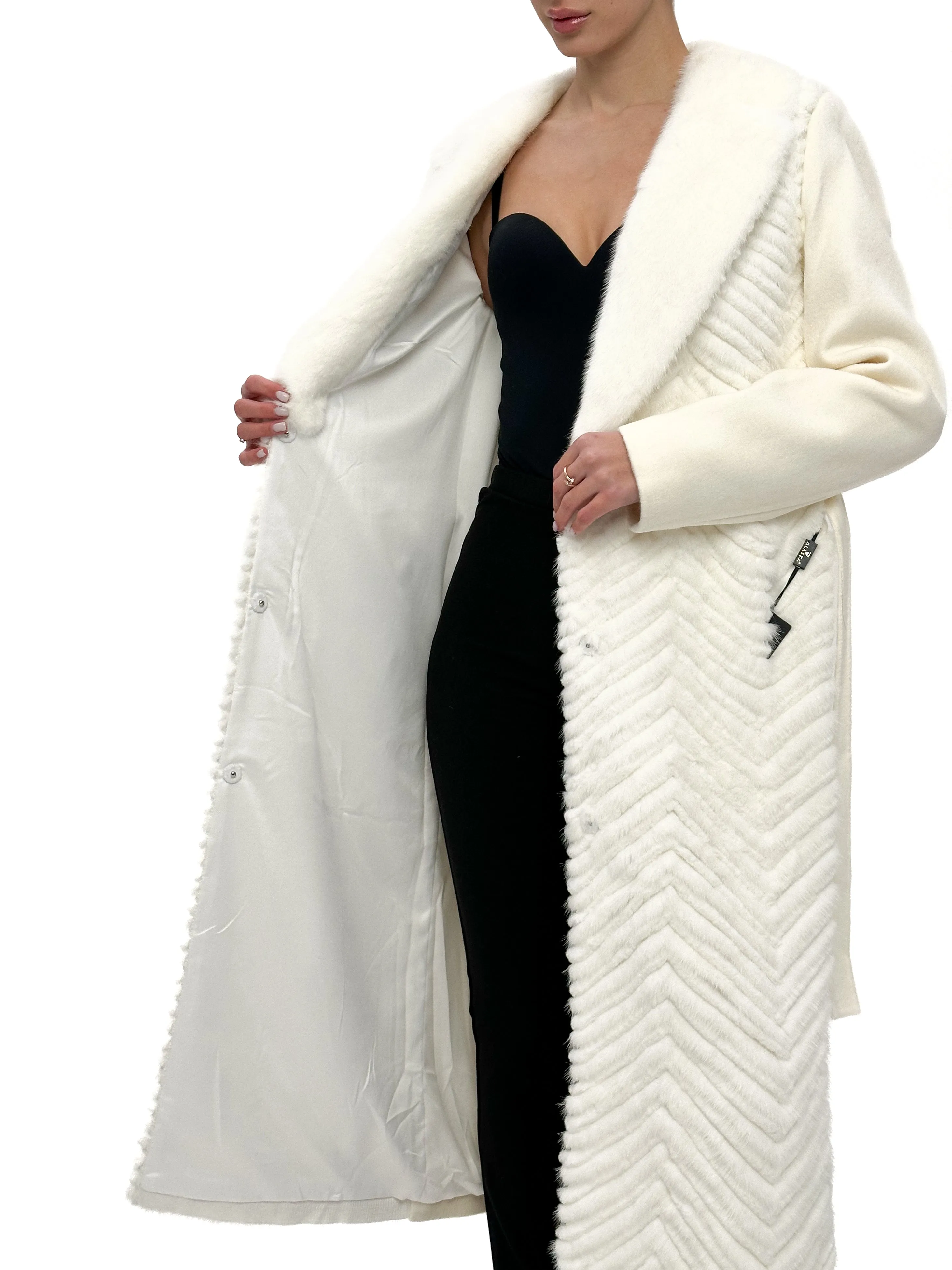 Genuine Mink Fur Rex Fur Trim Virgin Wool Coat in White