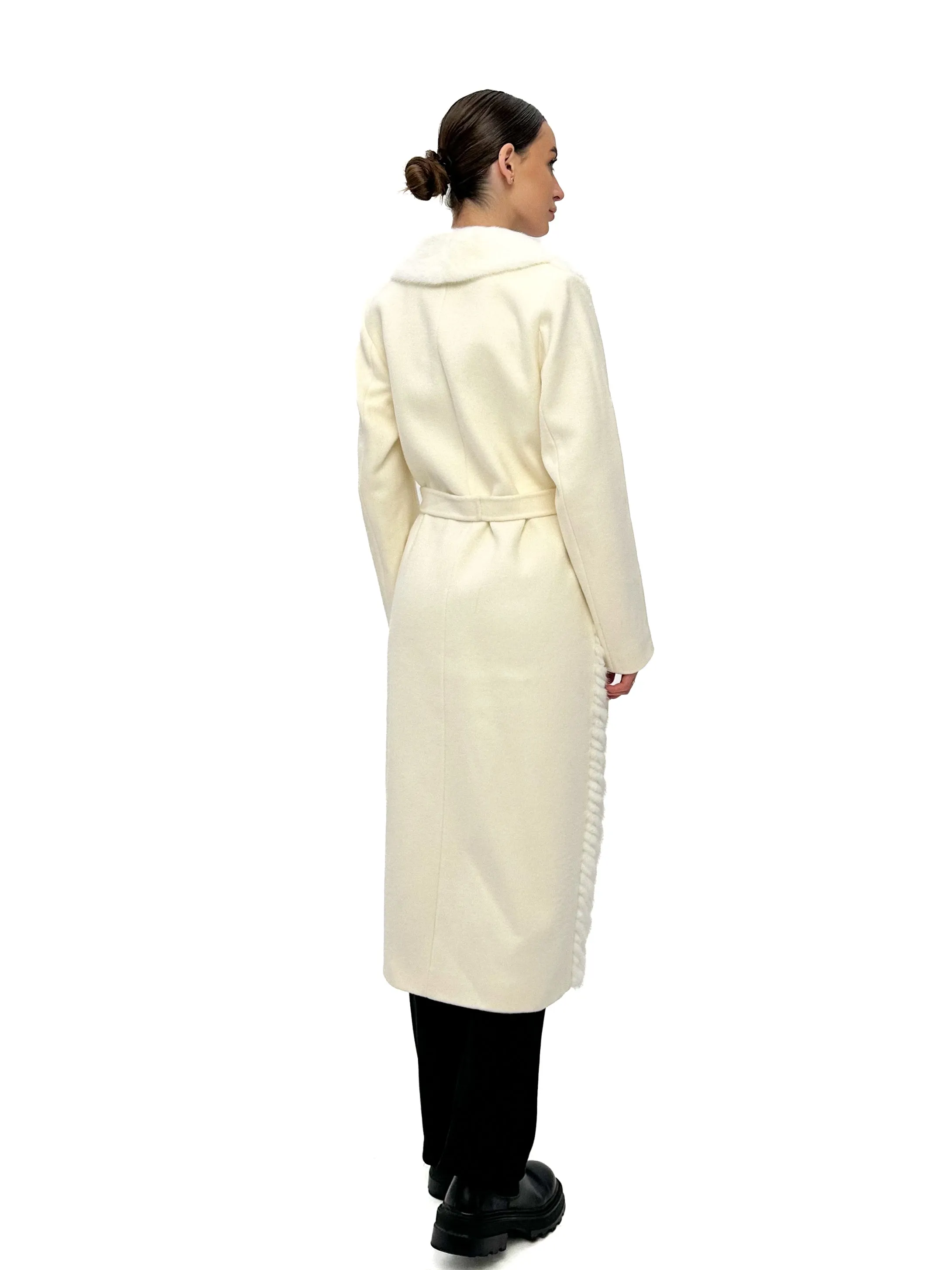 Genuine Mink Fur Rex Fur Trim Virgin Wool Coat in White