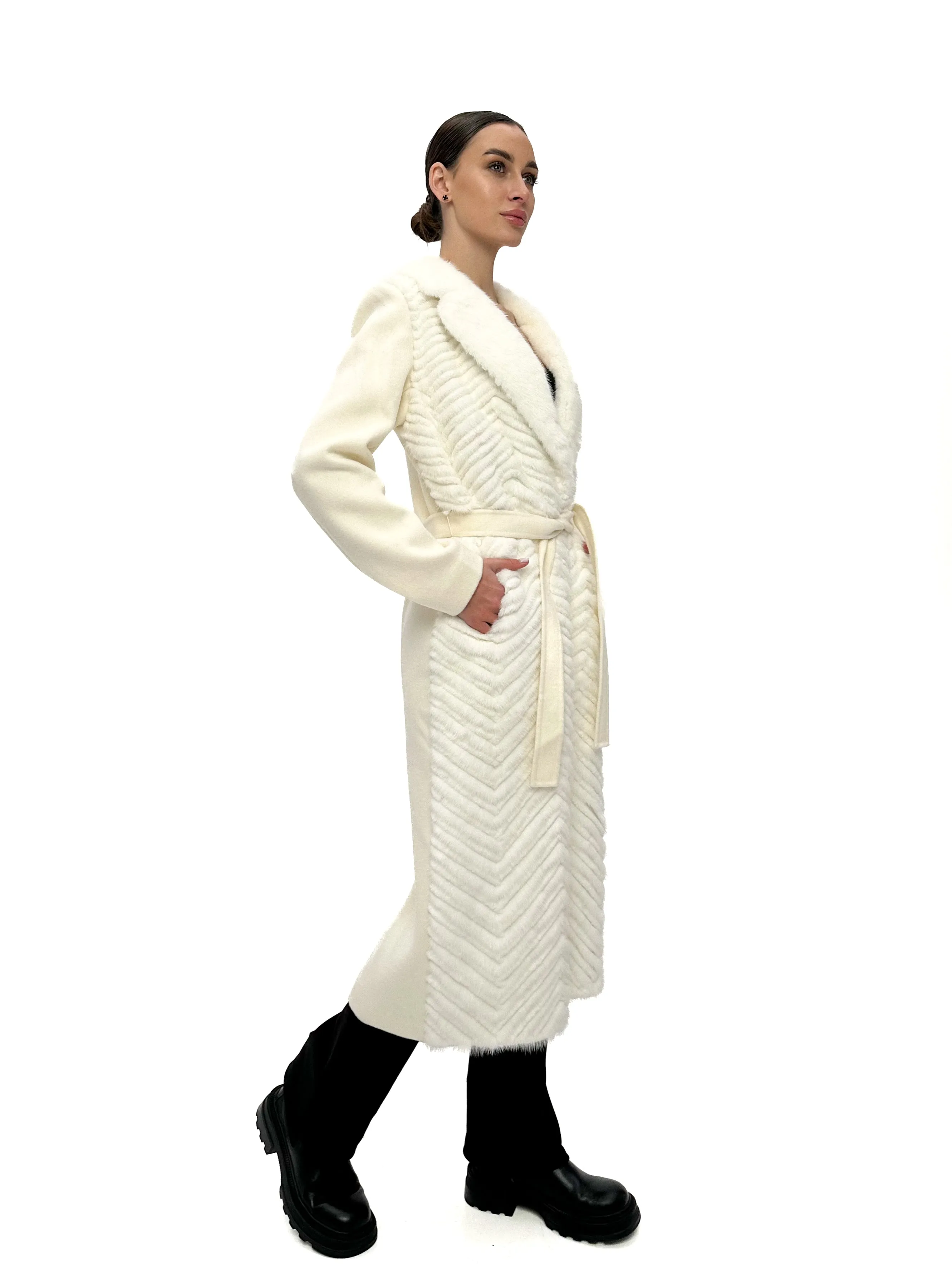 Genuine Mink Fur Rex Fur Trim Virgin Wool Coat in White