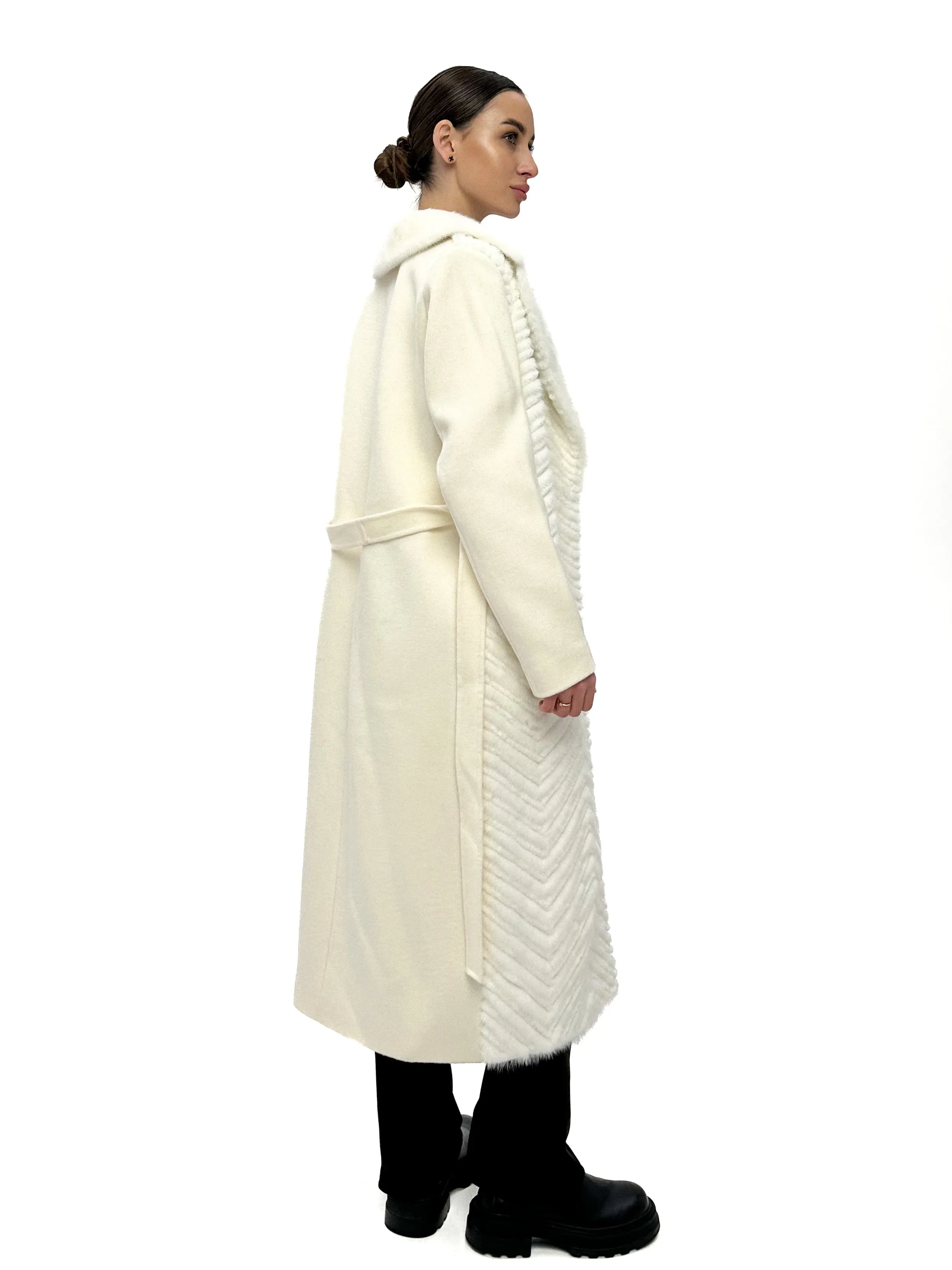 Genuine Mink Fur Rex Fur Trim Virgin Wool Coat in White