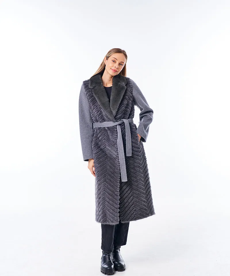 Genuine Mink Fur Rex Fur Trim Virgin Wool Coat