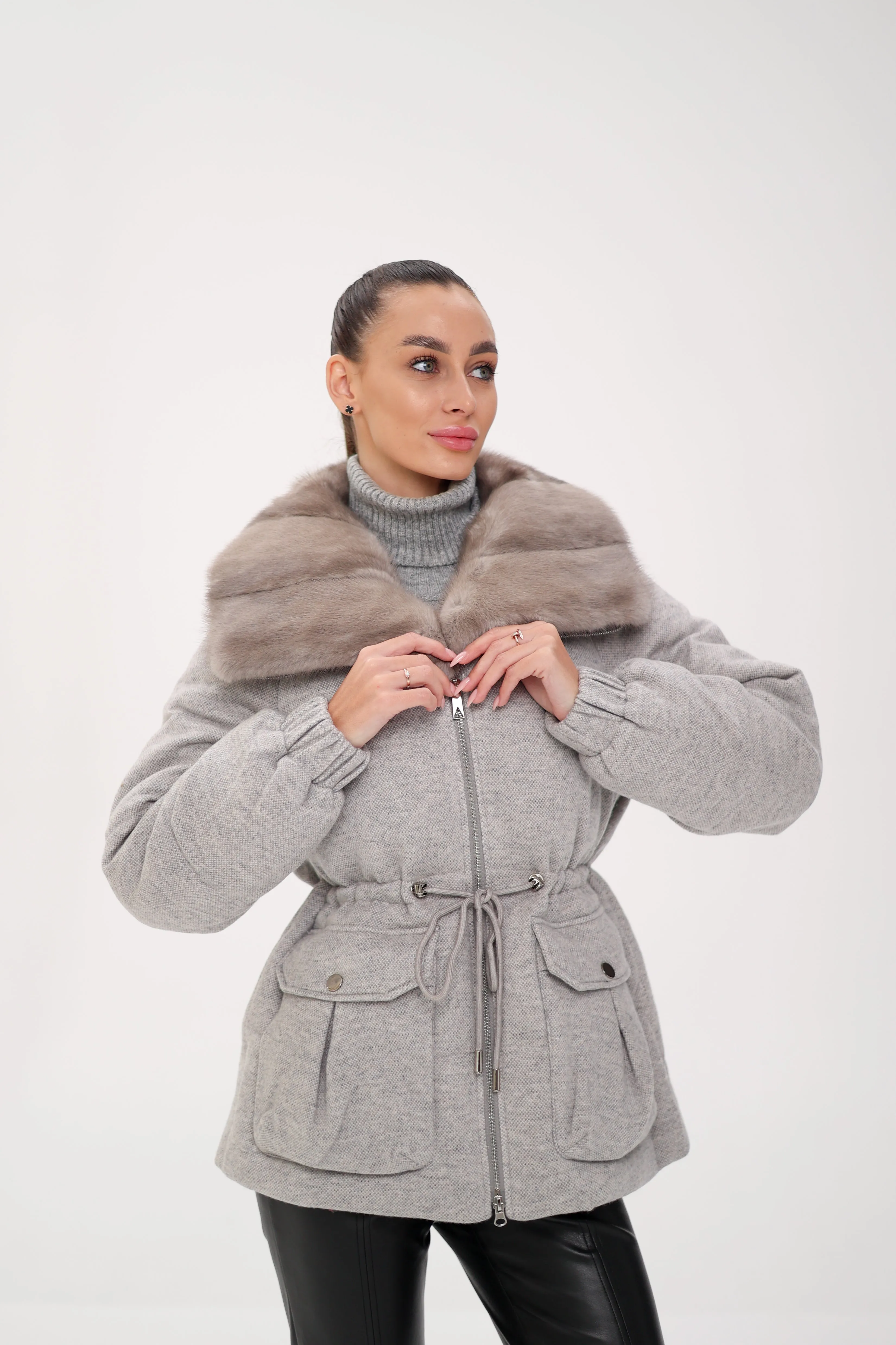 Genuine Mink Trim Wool Blend Down Coat