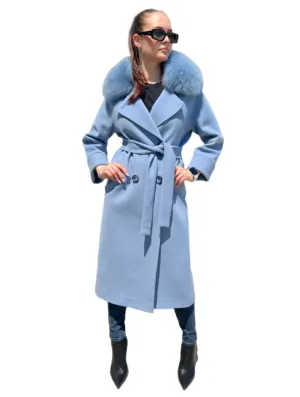 Genuine Polar Fox Collar Cashmere Wool Coat