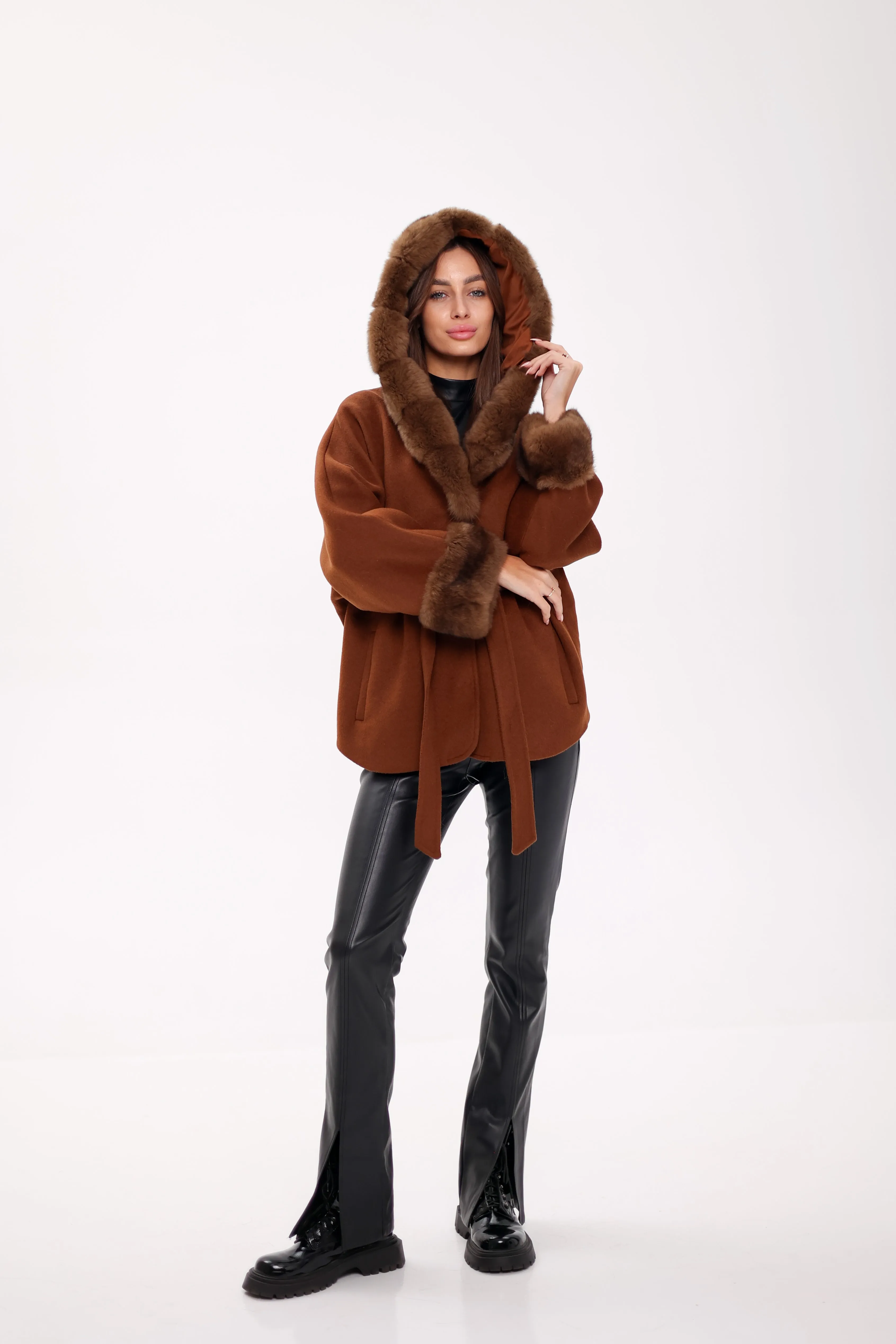 Genuine Polar Fox Fur Wool Hooded Coat