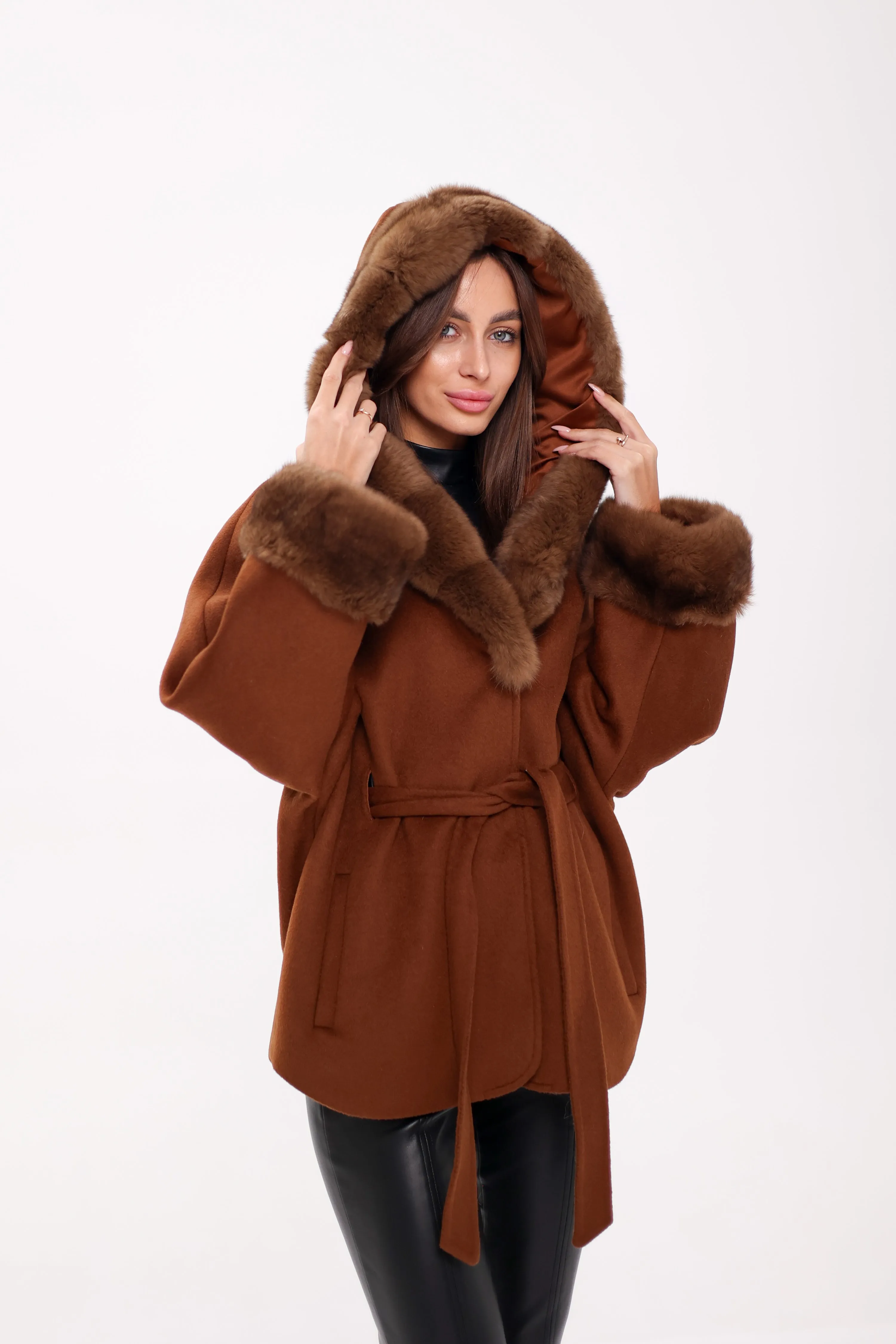 Genuine Polar Fox Fur Wool Hooded Coat