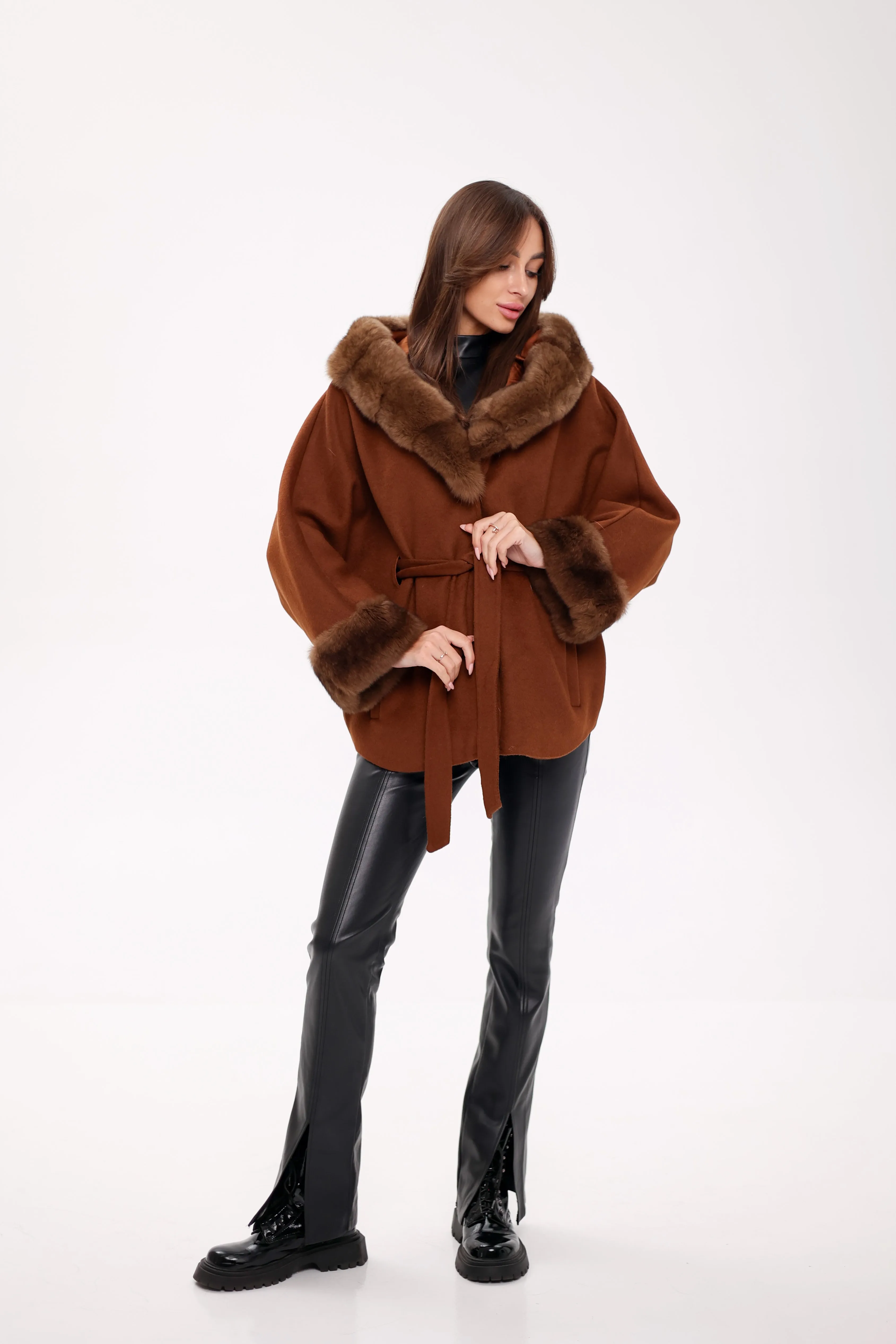 Genuine Polar Fox Fur Wool Hooded Coat