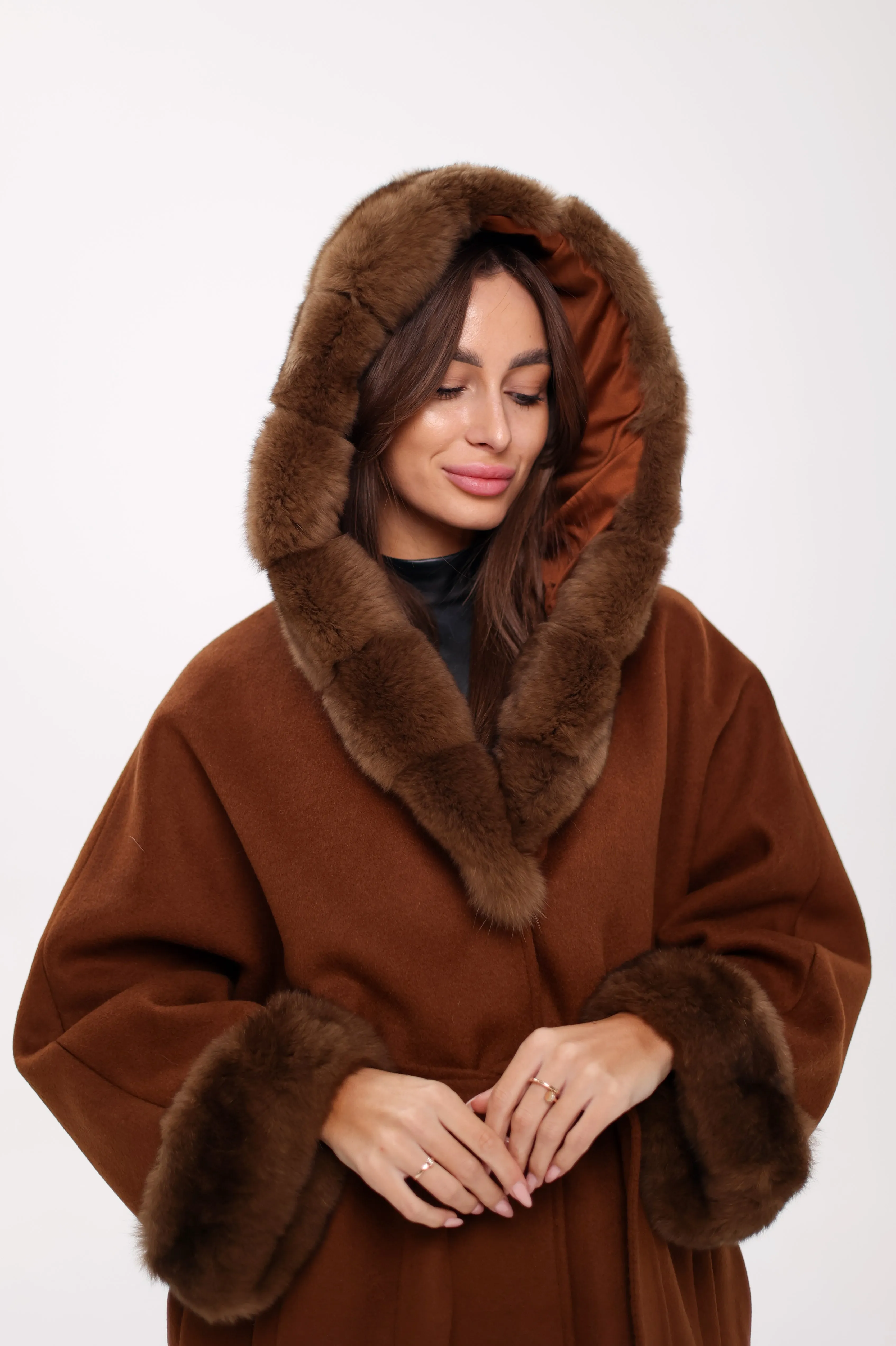 Genuine Polar Fox Fur Wool Hooded Coat