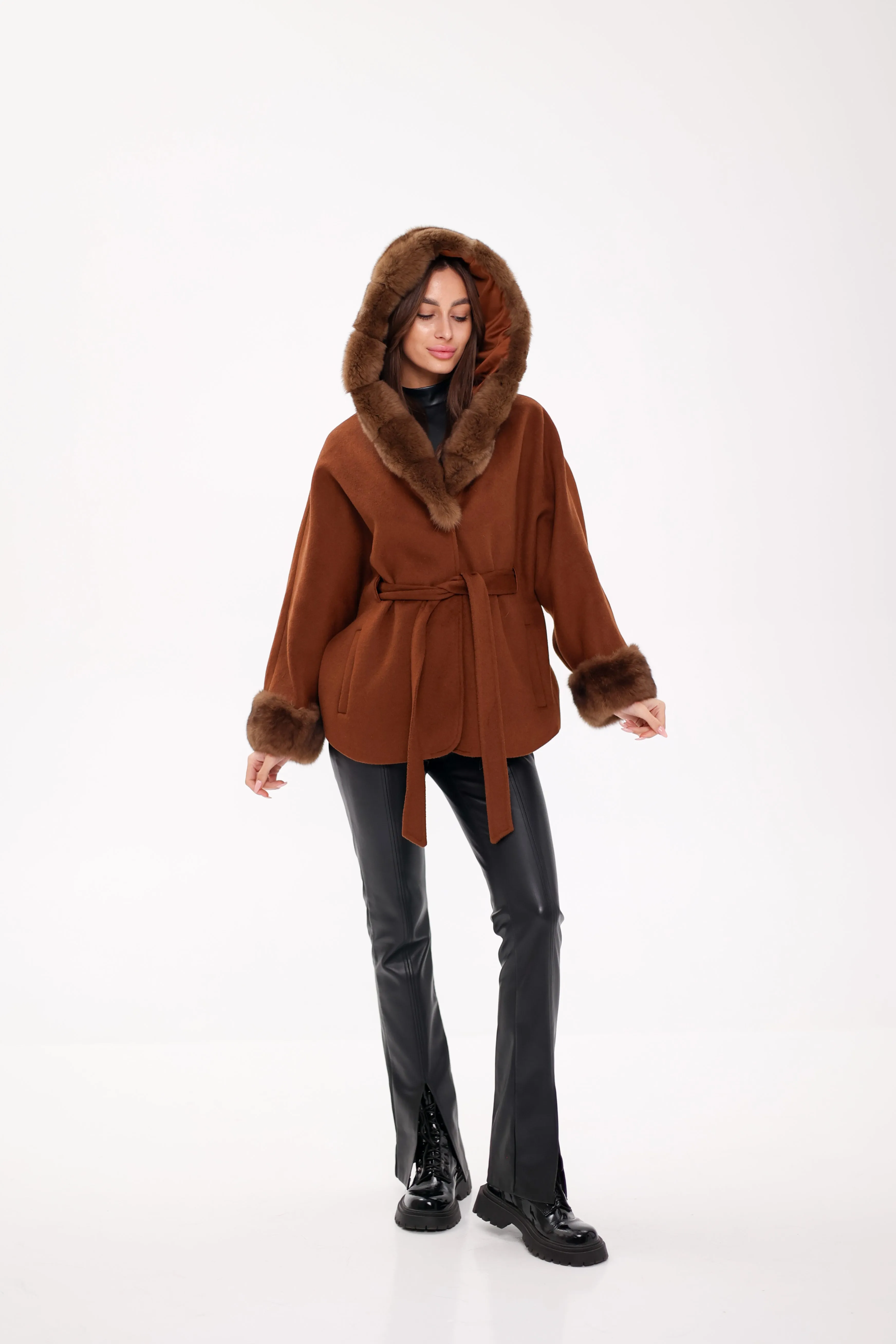 Genuine Polar Fox Fur Wool Hooded Coat