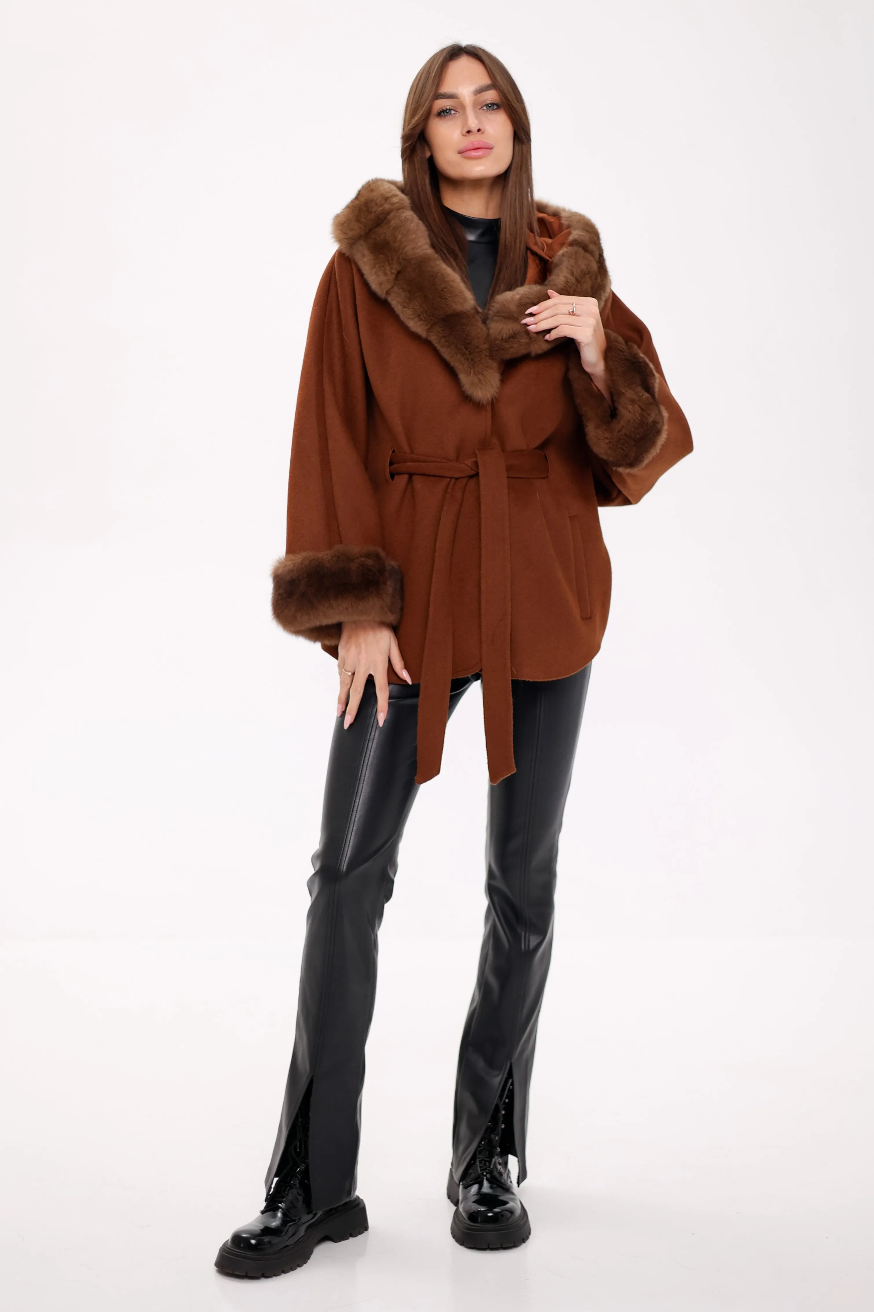 Genuine Polar Fox Fur Wool Hooded Coat