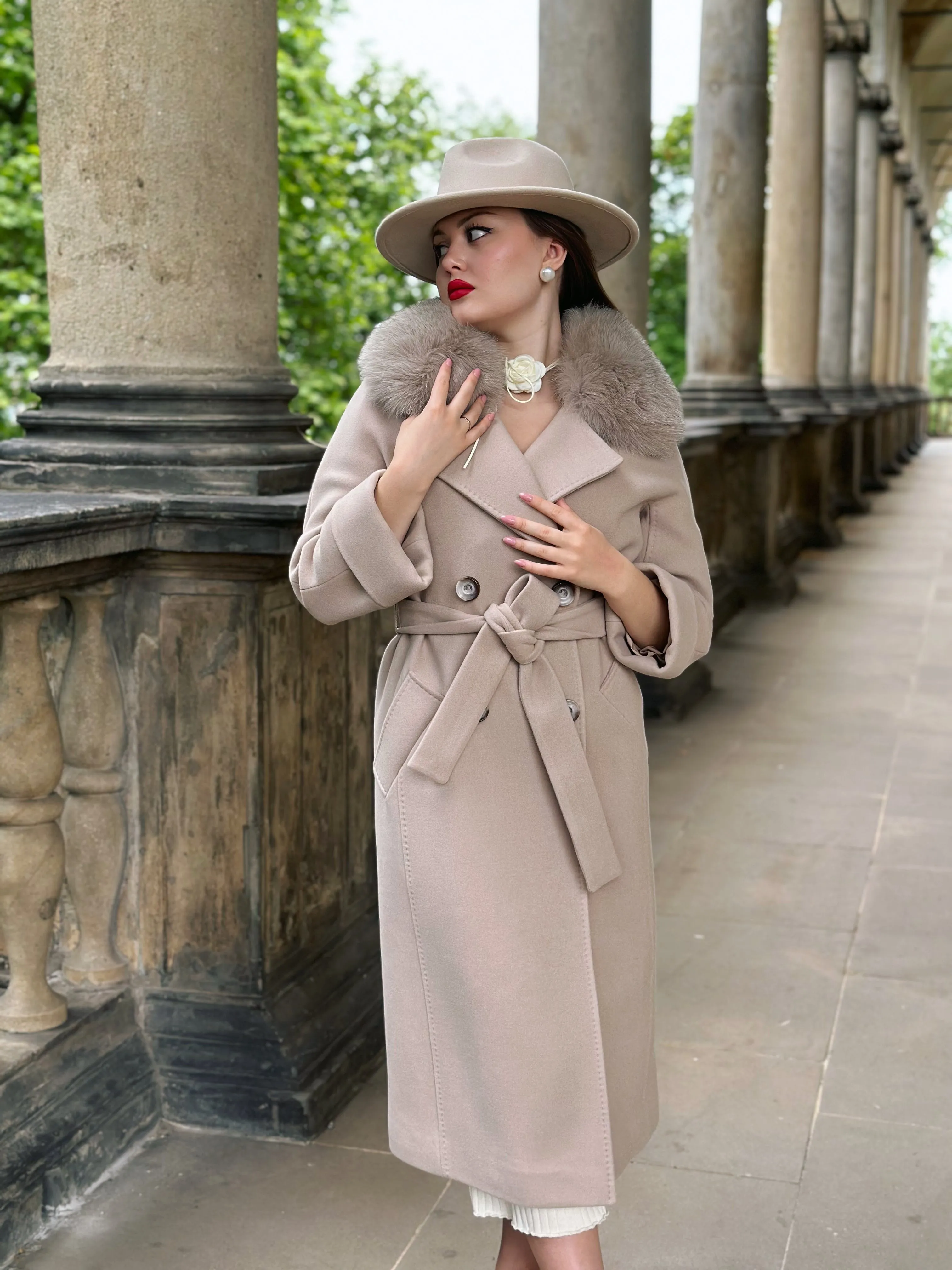 Genuine Polar Fox Tailored Cashmere Wool Coat