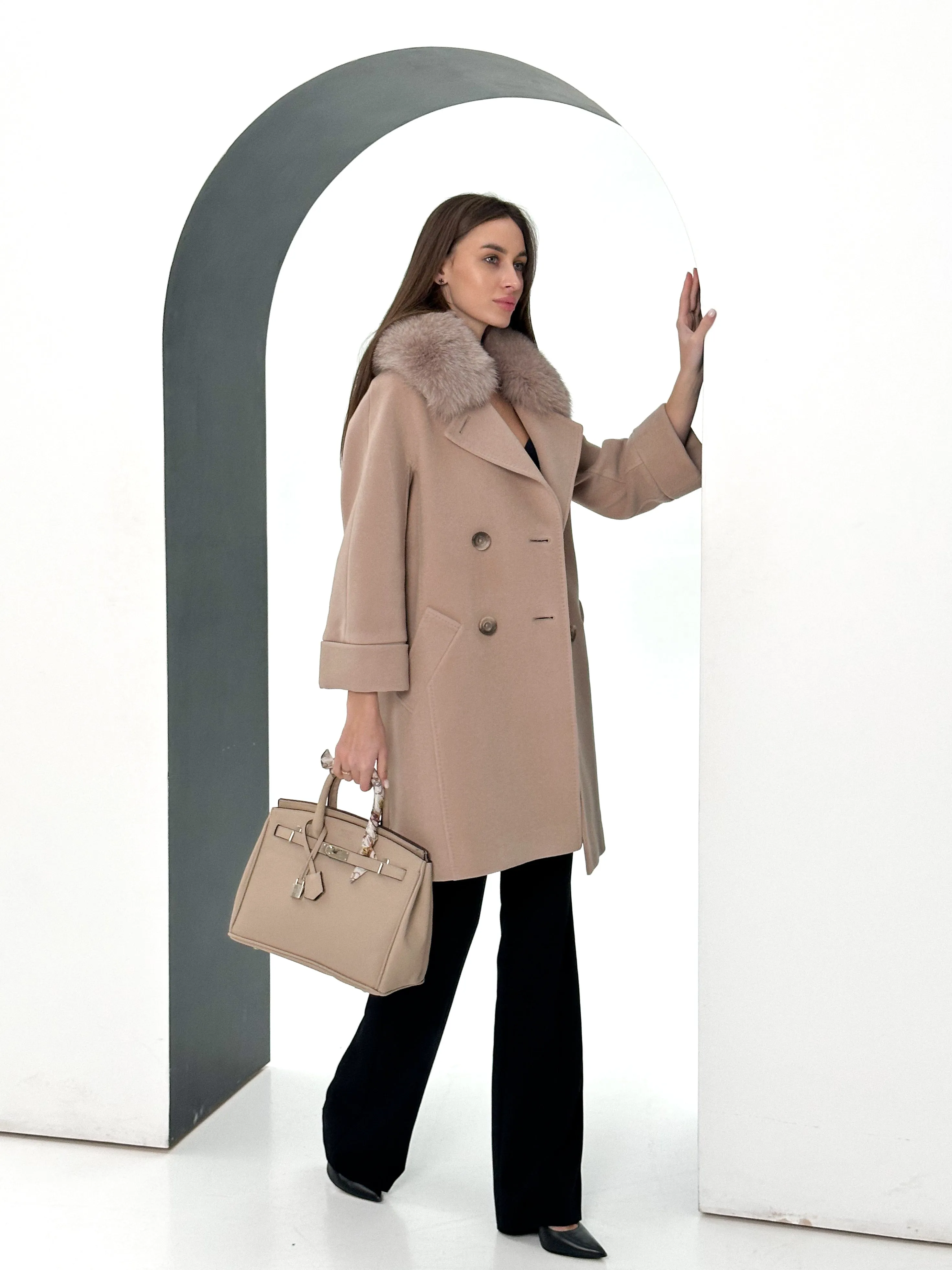 Genuine Polar Fox Tailored Cashmere-Wool Coat